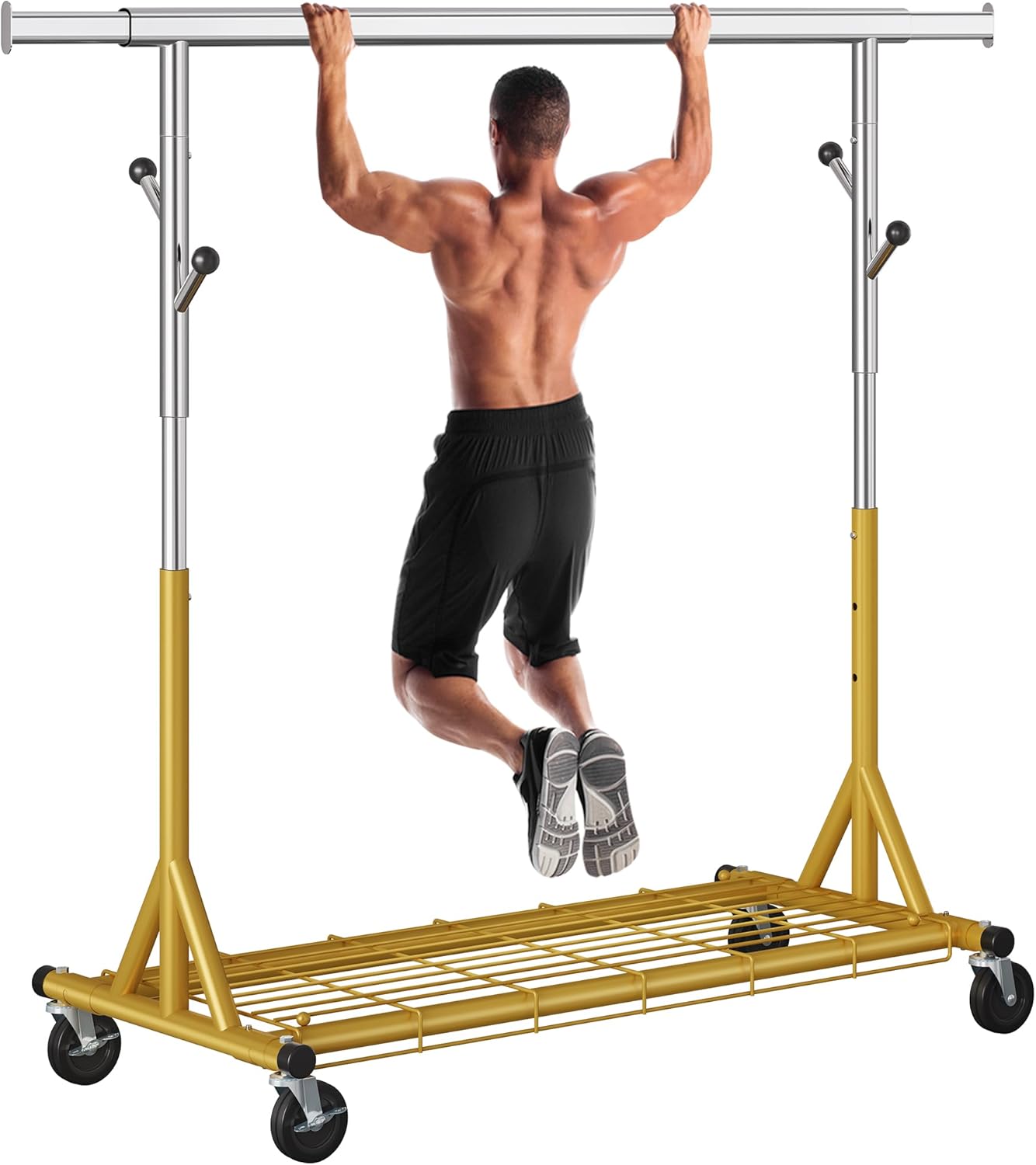 Rolling Clothes Rack Load 630lbs,Heavy Duty Garment Rack With Sturdy Wheel And Shelves, Adjustable Portable Hanging Rack For Clothes, Stainless Steel, Gold