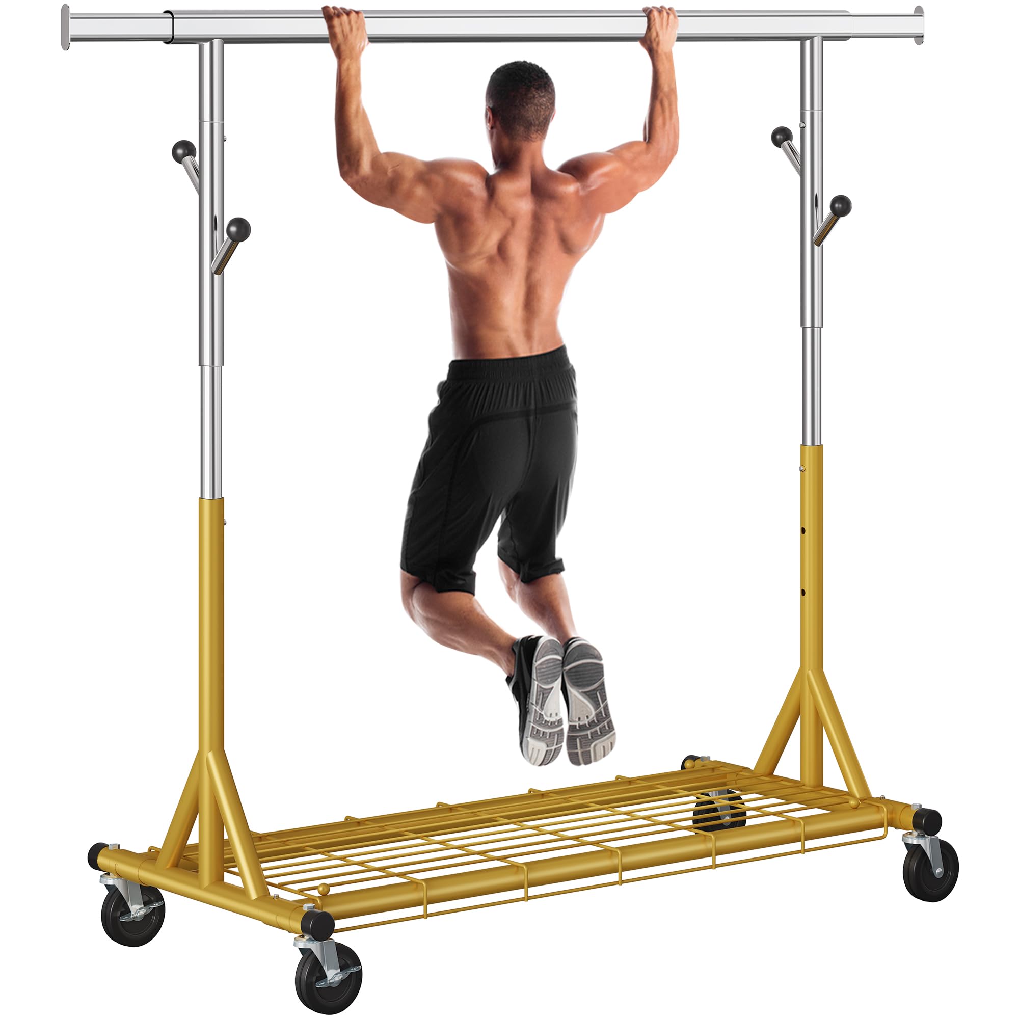 Heavy Duty Clothes Rack Load 530 LBS Metal Clothing Garment Rack Hang 200 pieces of clothing on Wheels Rolling Portable Collapsible & Adjustable with Hook for Hanging Clothes Gold