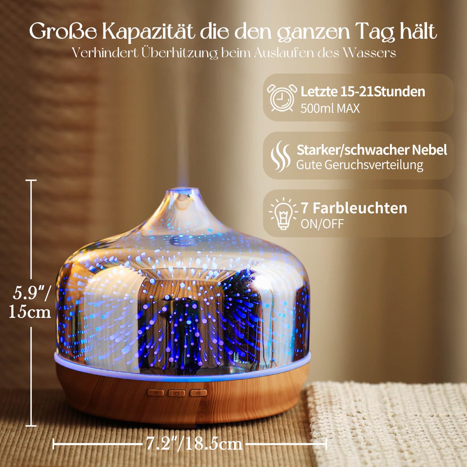 Porseme Verre diffuseur d'arômes 500ml, diffuseur pour huiles essentielles, Grand humidificateur, Brume fraîche ultrasonique, 7 changements de Couleur, Dure 15 à 21 Heures pour Appartement(Silver)