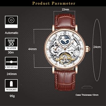 Mens Luxury Skeleton Automatic Mechanical Wrist Watches Leather Moon Phrase Luminous Hands Self-Wind Watch,Tourbillon Automatic Waterproof Wrist Watch,Black