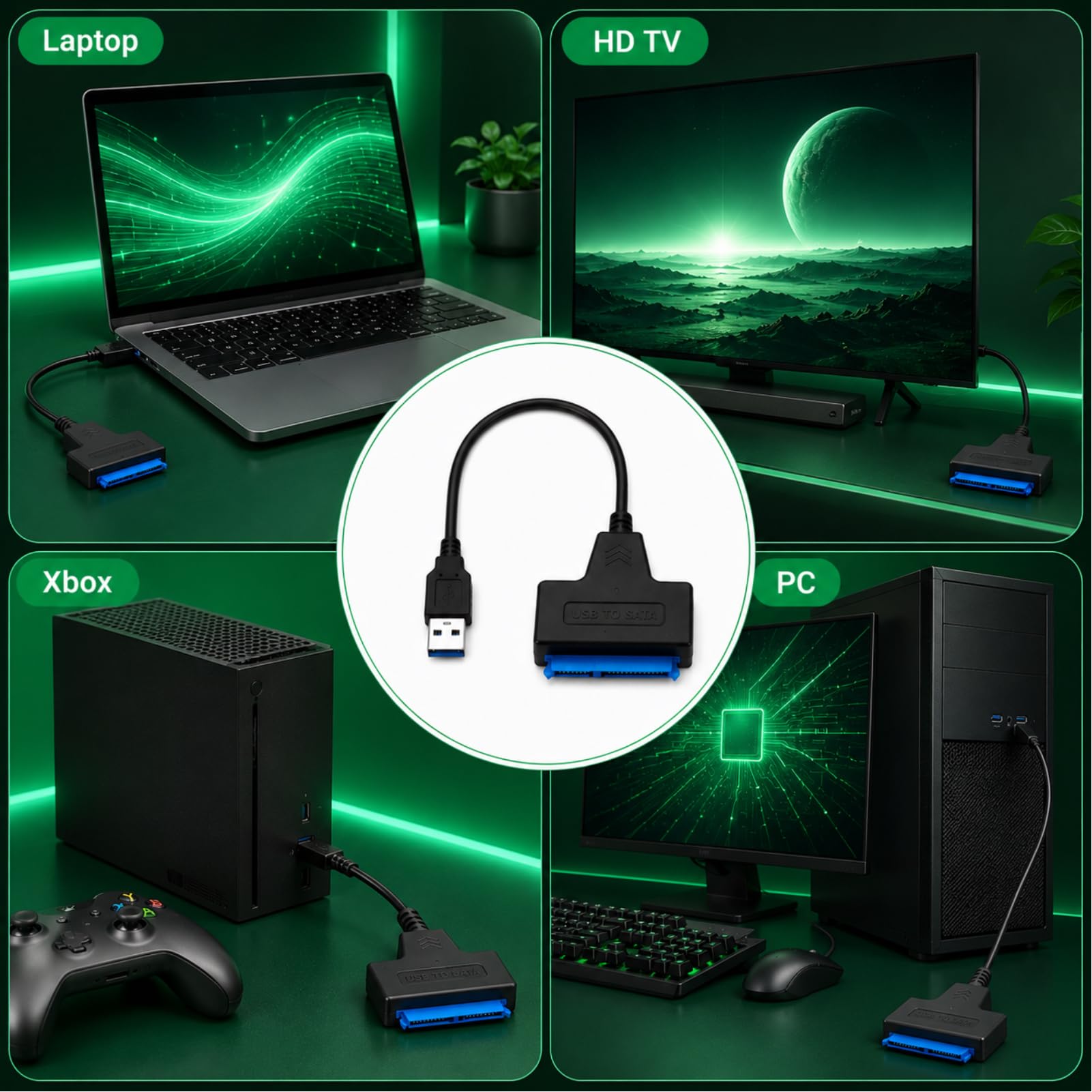 SATA auf USB Adapter, USB 3.0 auf SATA Adapter, 2,5-Zoll Port Konverter Externes Kabel für SSD HDD Festplatten, Plug & Play, SuperSpeed USB 5 Gb/s, kompatibel mit Laptops, Desktop-PCs