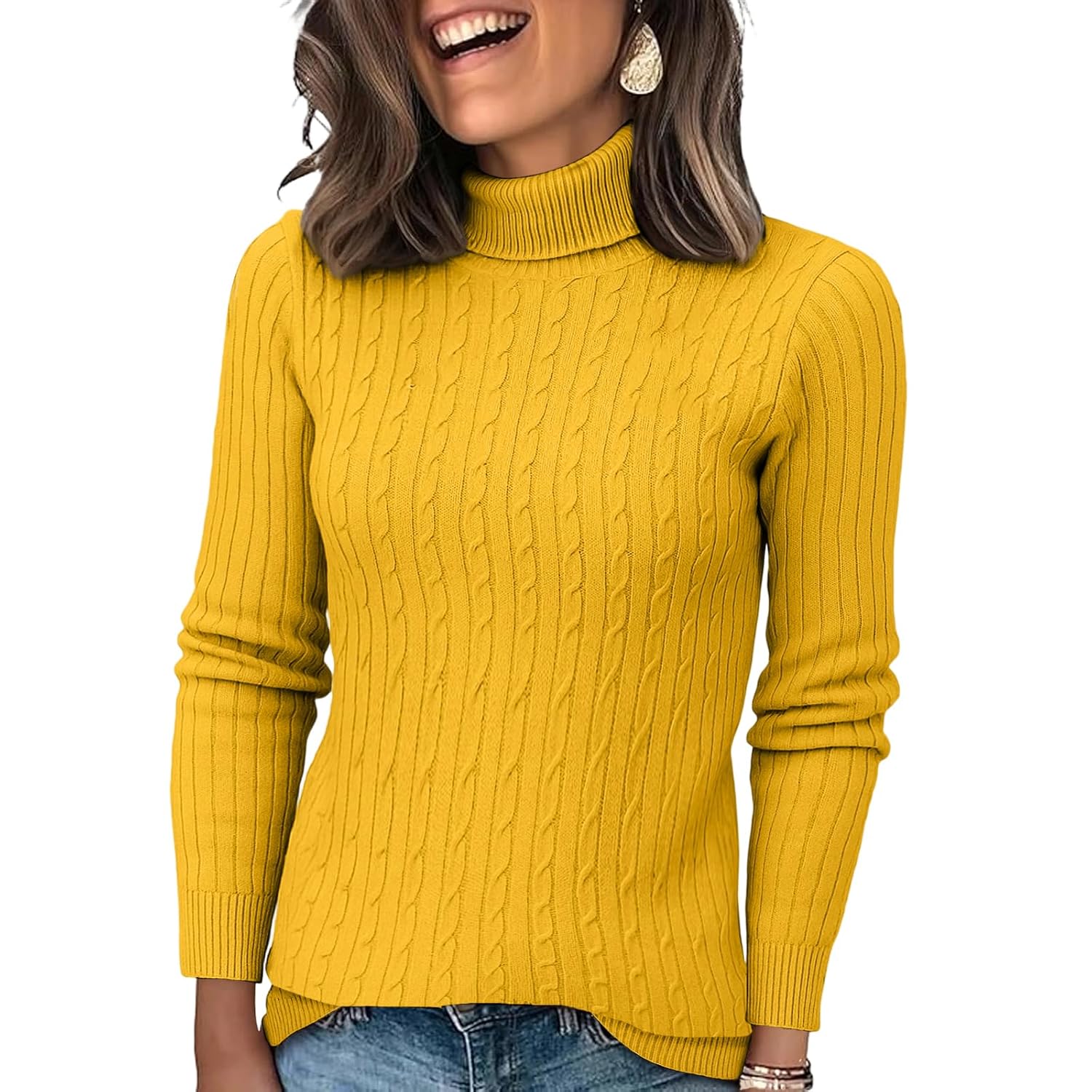 Turtleneck Sweater Women Winter Mock Neck Cable Knit Sweater Fitted Casual Long Sleeve Turtle Necks Tops for Women