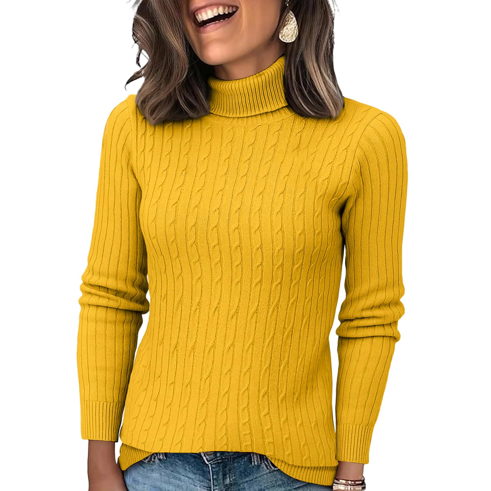 Turtleneck Sweater Women Winter Mock Neck Cable Knit Sweater Fitted Casual Long Sleeve Turtle Necks Tops for Women
