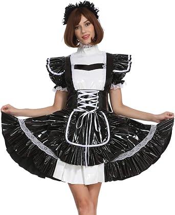 Women French Maid PVC Lockable Black White Dress Two Ways Wear Long or Short Sleeves Crossdress