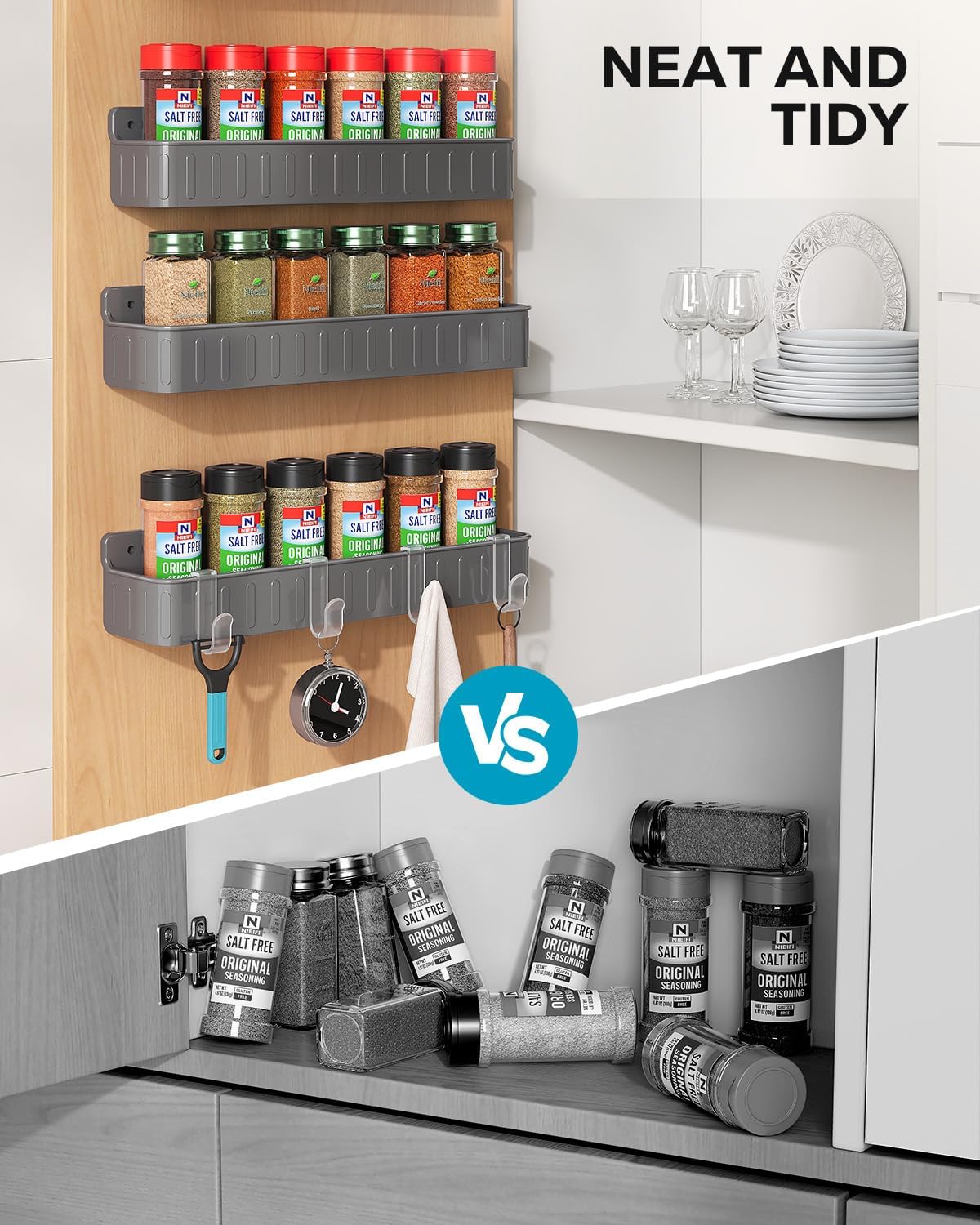 Nieifi Spice Rack Wall Mount, 4 Pack Grey, 2" Depth, Screw/Adhesive image 5