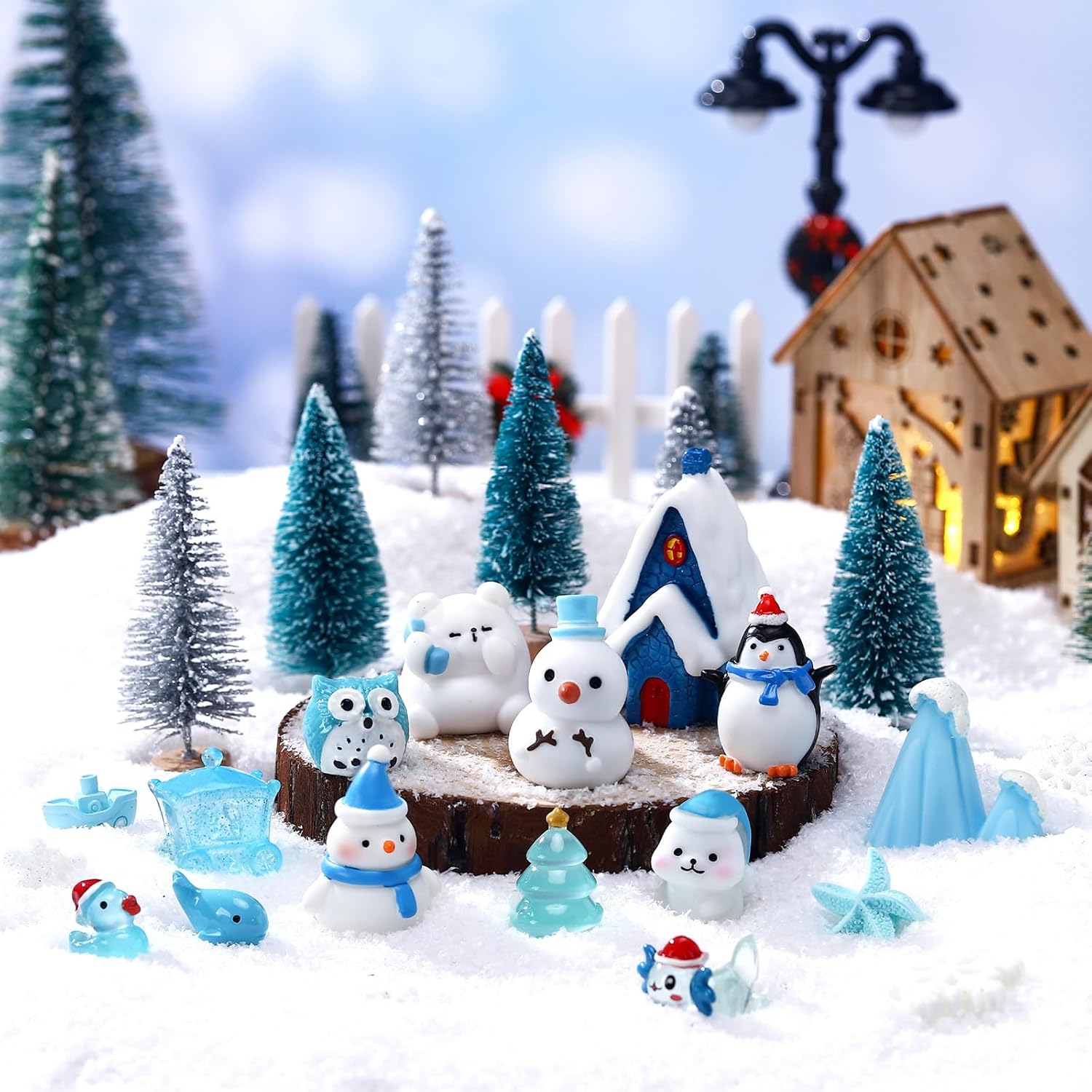 Skylety 50 Pieces Winter Miniature Figurines, Tiny Mini Resin Snow Globe Figurines Snowman Bear Animal Xmas Tree Fairy Garden House Xmas Ornaments for DIY Winter Snow Globe Craft Landscape Home Decor - Image 4