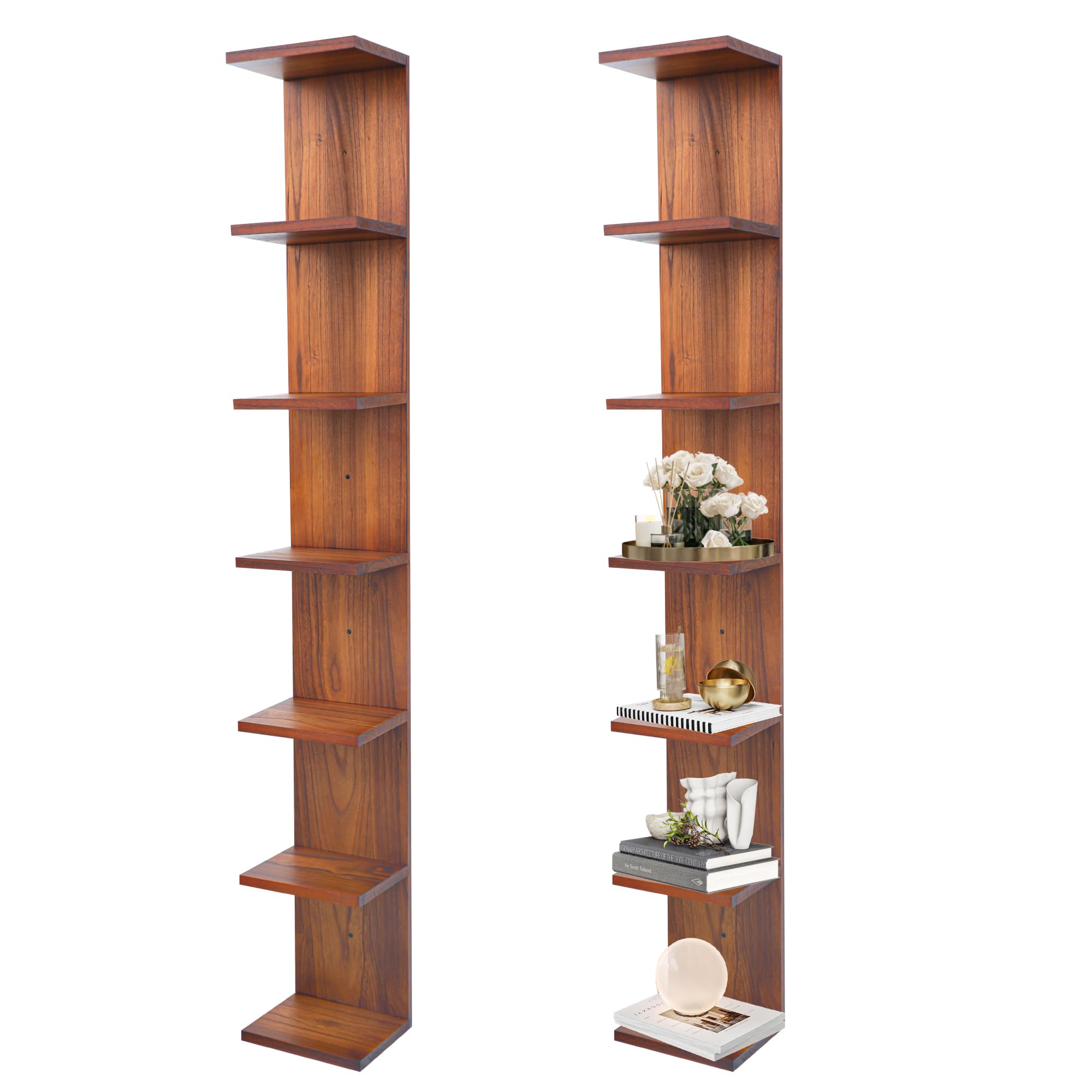 FURAOMEILI 7 Tier Wall Shelf Unit,Vertical Column Floating Storage Home Decor Organizer,Walnut Lack Wall Shelf for Bedroom,Living Room,Office Decor(2 Pack)