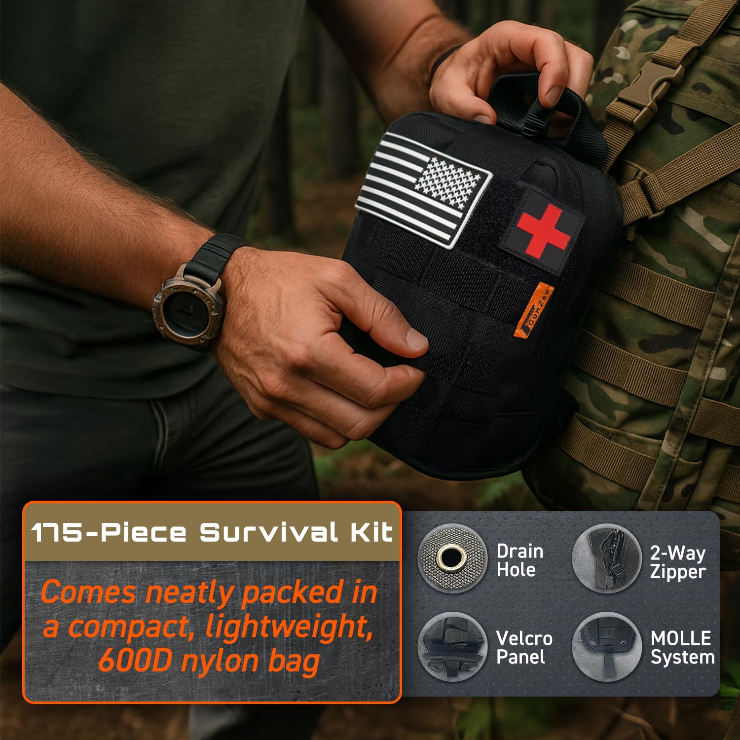 GunZee Kit de supervivencia de 175 piezas, kit de primeros auxilios para emergencias y aventuras al aire libre, IFAK, equipo de pesca, bolsa compatible con Molle, viajes en coche, camping, senderismo