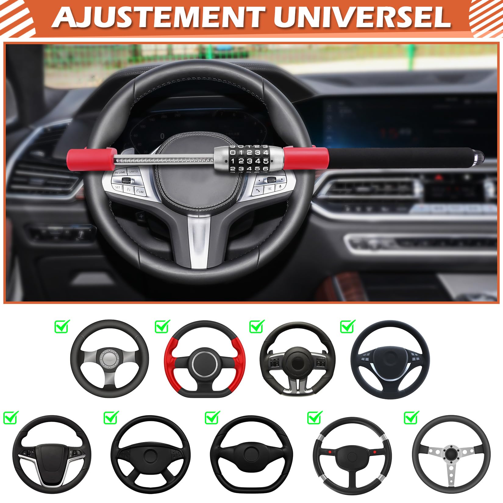 Tevlaphee Antivol Voiture, Canne Antivol Voiture, Bloque Volant, Barre Antivol Robuste et Sécurisée, Universelle(Rouge)