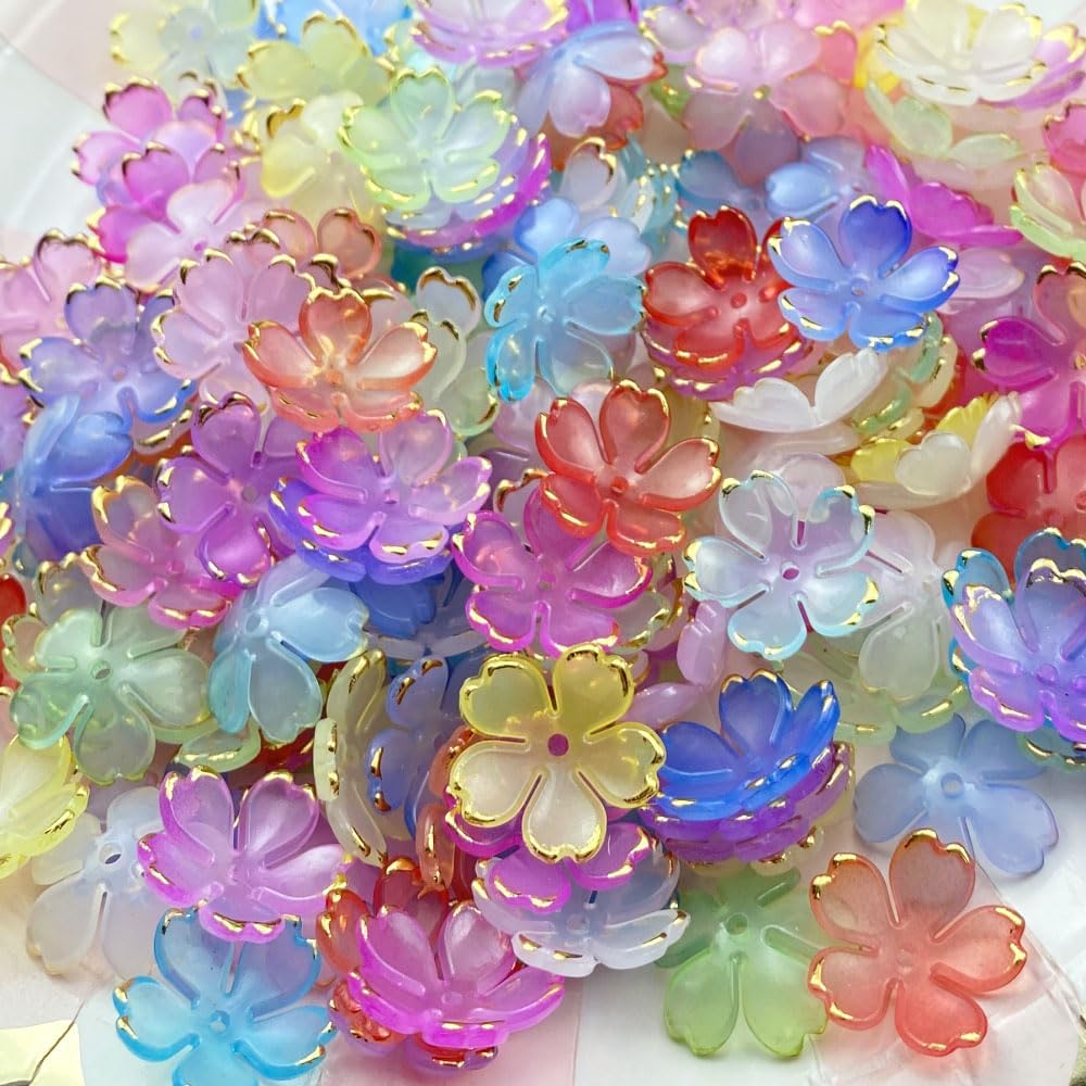 120pcs Acrylic Cherry Blossom Flower Beads Colorful Gradient Gold-Plated Spacer Beads End Caps for Jewelry Making Bracelet Necklace Earrings(Red) - Image 4