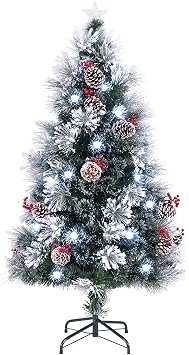 Goplus 5ft Pre-lit Fiber Optic Christmas Tree, Artificial Snowy Xmas Tree with 49 Cool White LED Lights, 8 Modes, 170 PVC Leaves & Pine Needles, Pine Cones, Red Berries, Office Home Holiday Decoration