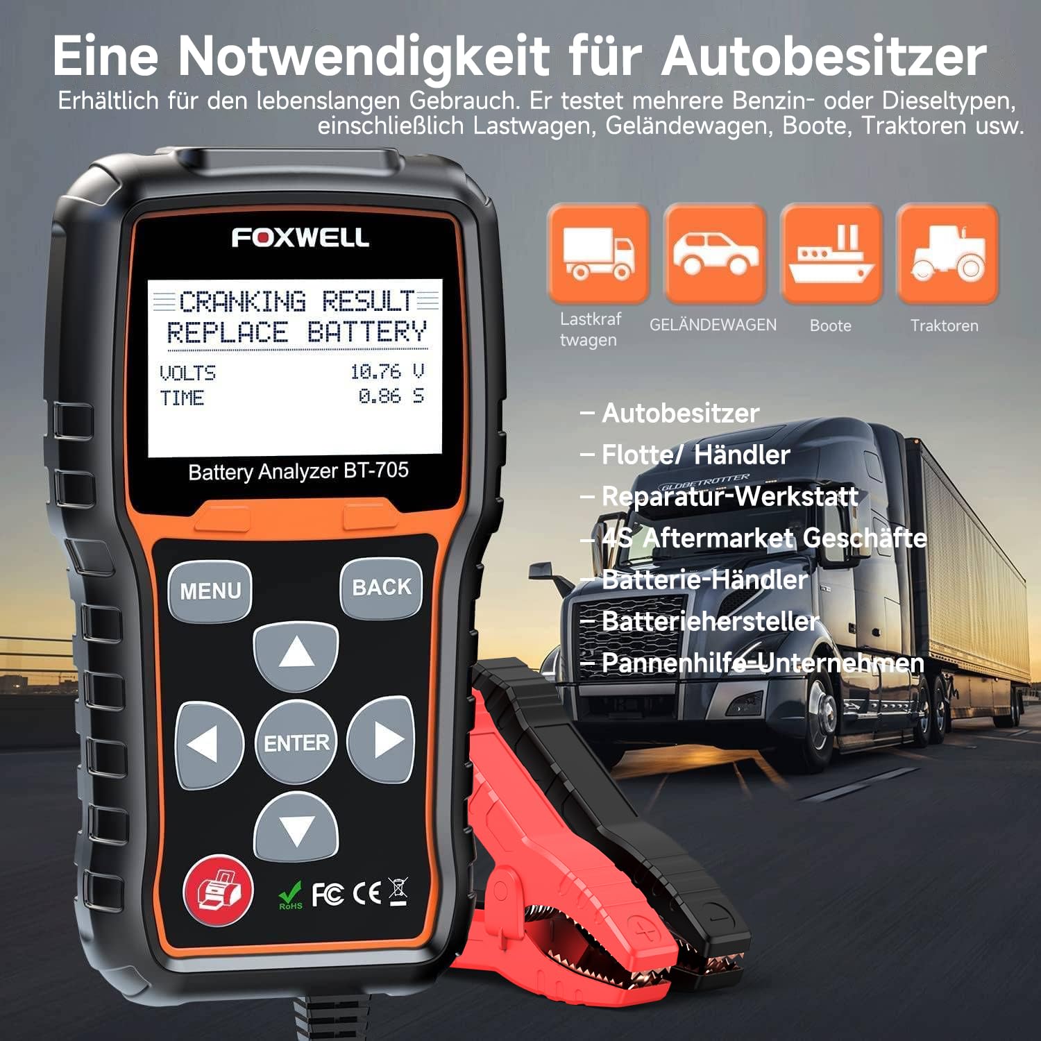 FOXWELL BT705 Batterietester 12V 24V, KFZ Autobatterie Tester 100-2000CCA Lasttester, Car Batterie Tester auto Lade-Anlasser-System Autoatterie Analysator für Auto, SUV, Motorrad, LKW, Marine.