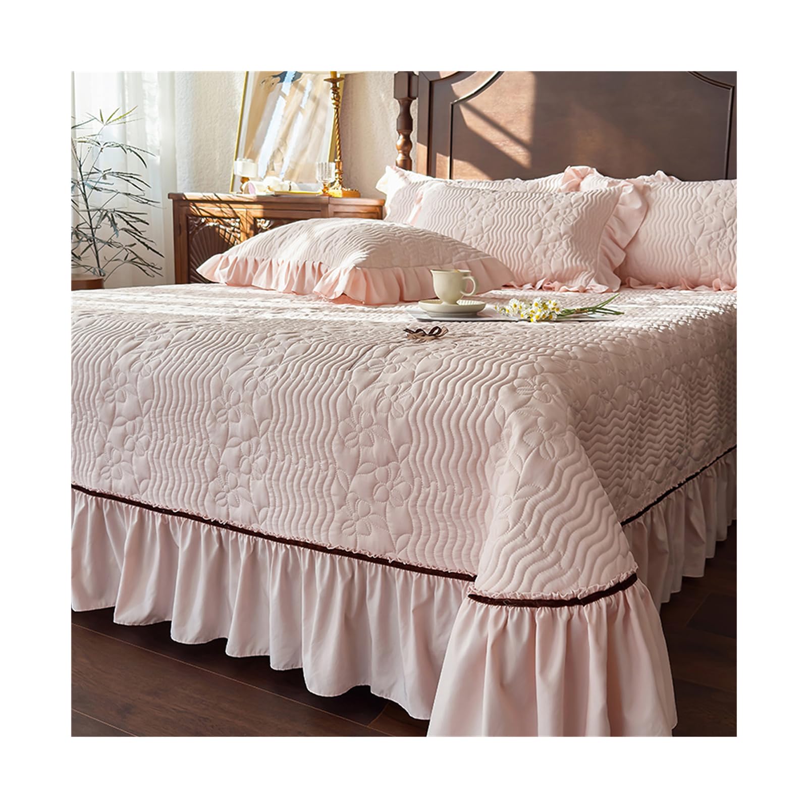 Dessus de Lit avec Volant Couvre Lit 2 Personnes Matelassé Léger Jeté de Lit avec 2 Taies d'oreiller pour Toutes Les Saisons (Rose,245x270cm)