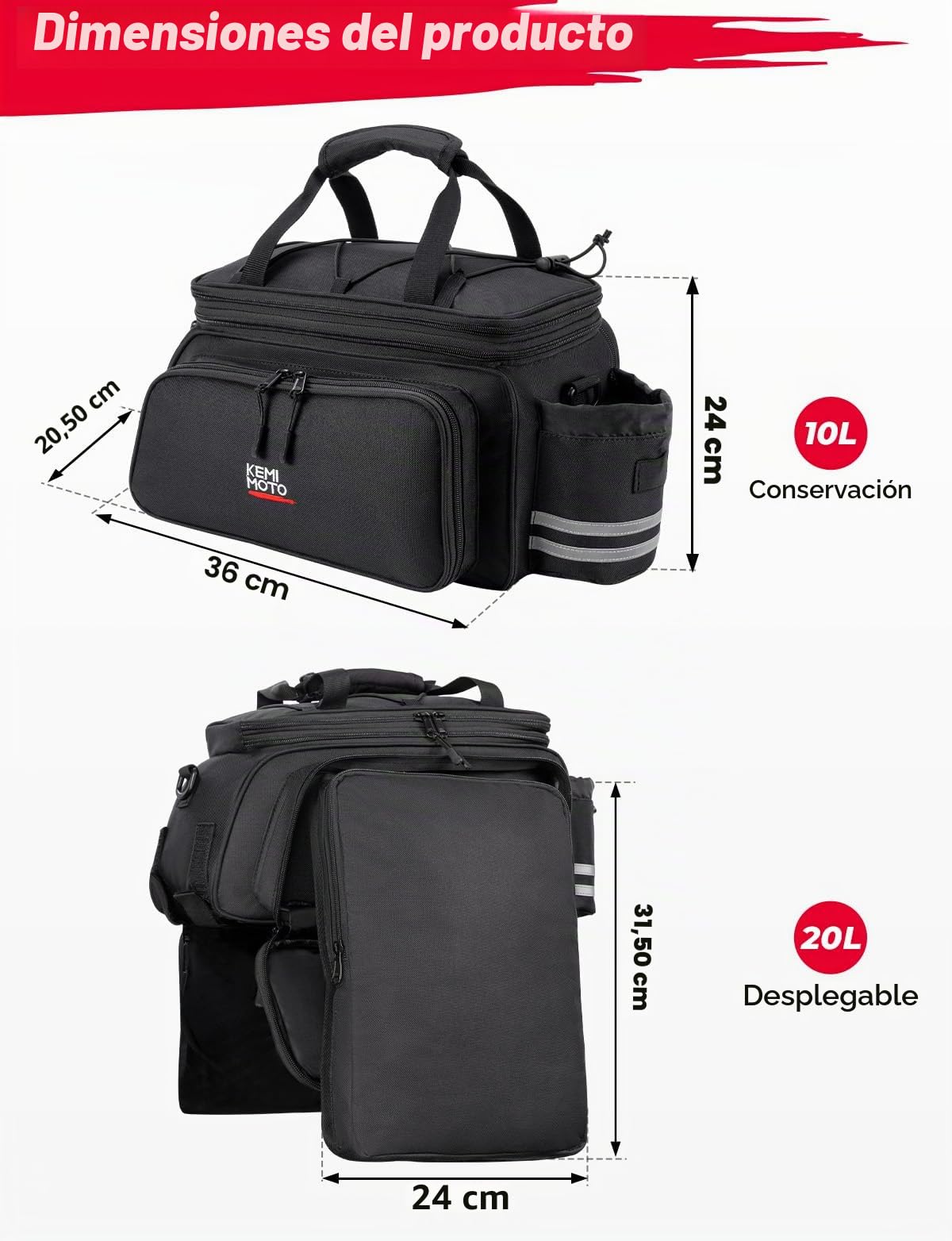 KEMIMOTO Alforja 3 en 1 para portaequipajes, 20 l y Resistente al Agua, Varios Compartimentos, con asa y Correa para el Hombro, Bolsillos Traseros con Protector de Lluvia