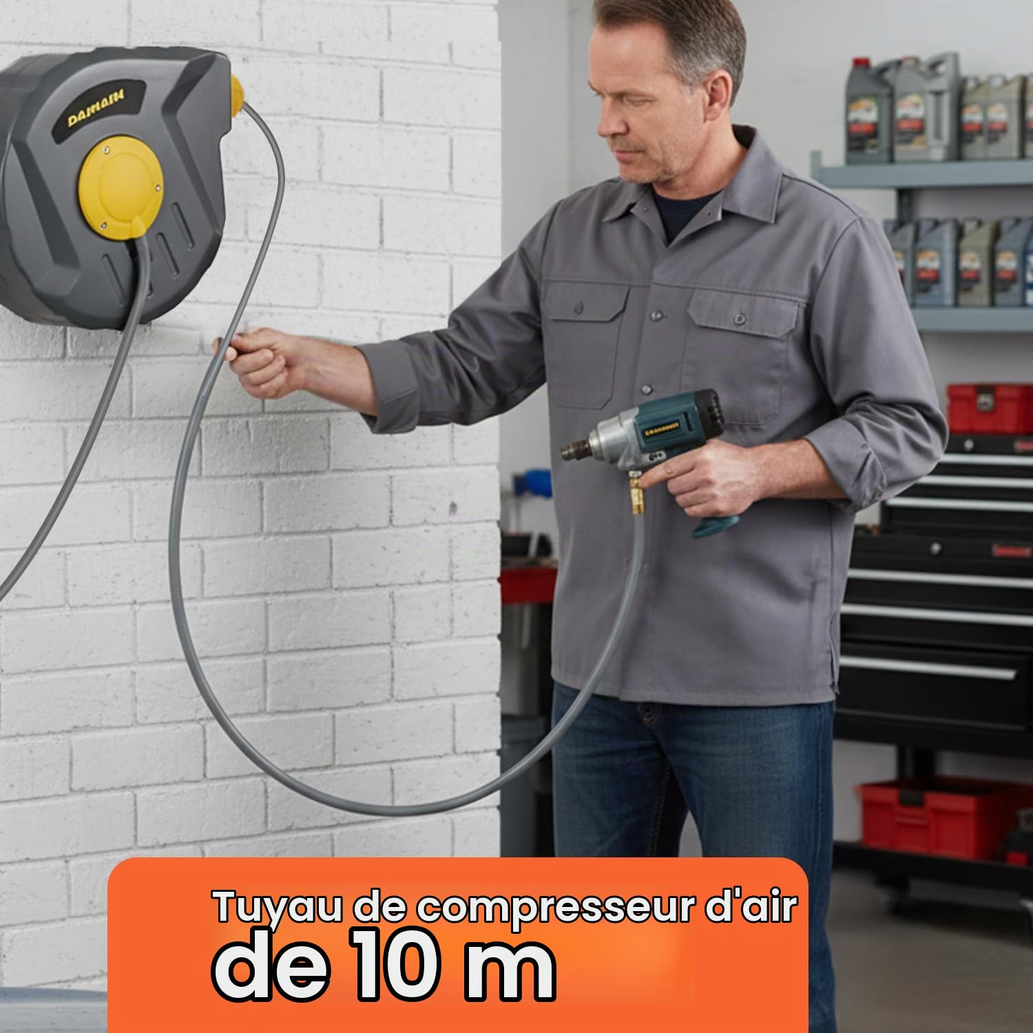 Enrouleur de tuyau d'air comprimé de 10 m avec rembobinage automatique, tuyau pour compresseur d'air en PVC résistant, montage mural ou plafond, compact et flexible
