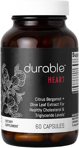 Durable Heart 1,000 mg Extracto de Bergamonte Citrus Bergamonte y hoja de olivo extra fuerte + vitamina C sin OMG, suplementos naturales para el