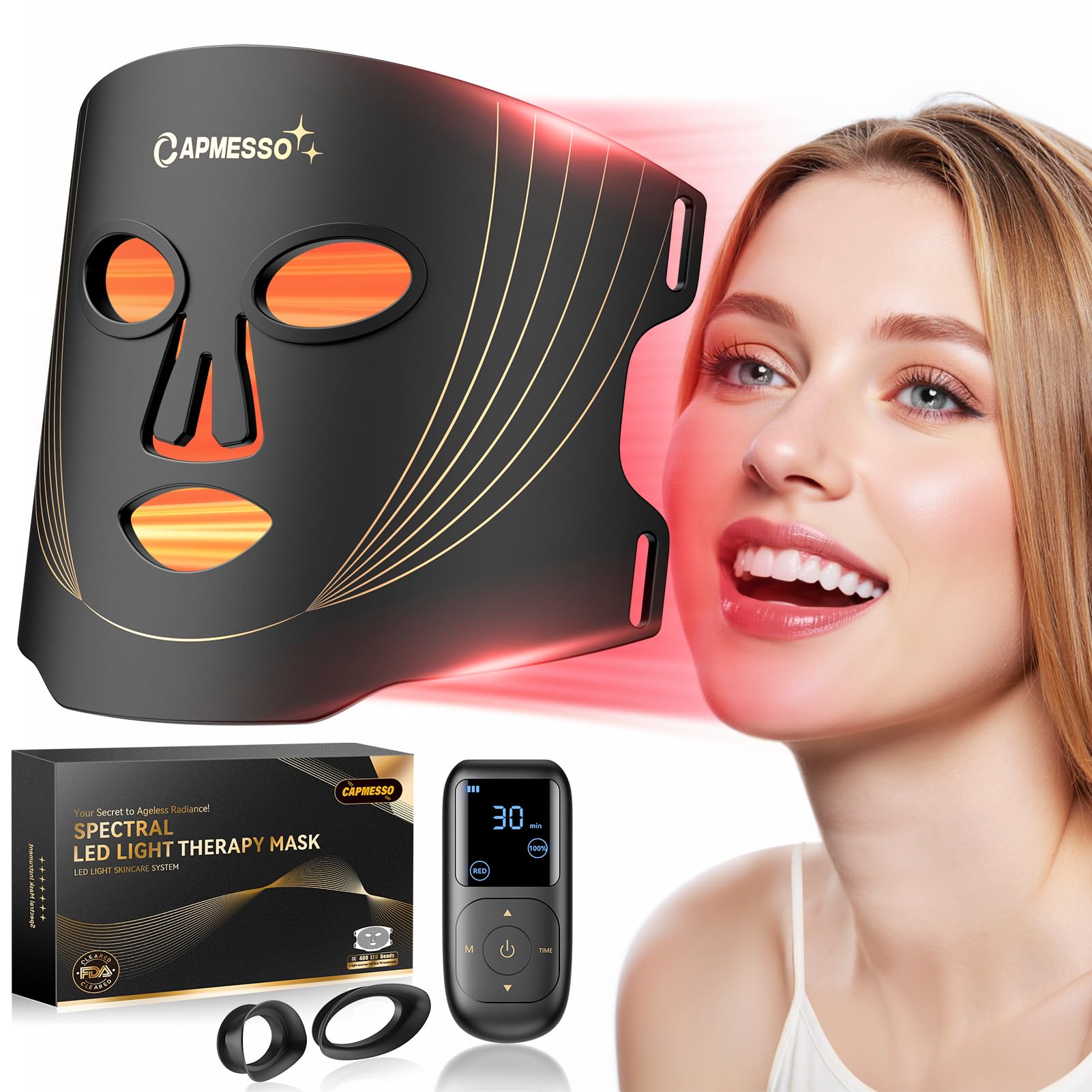 Mascarilla LED Facial con 400 Luces – Fototerapia LED 4 Colores para Rejuvenecimiento y Antienvejecimiento – Máscara Luz Roja Facial con Temporizador, Control Remoto y Protección Ocular