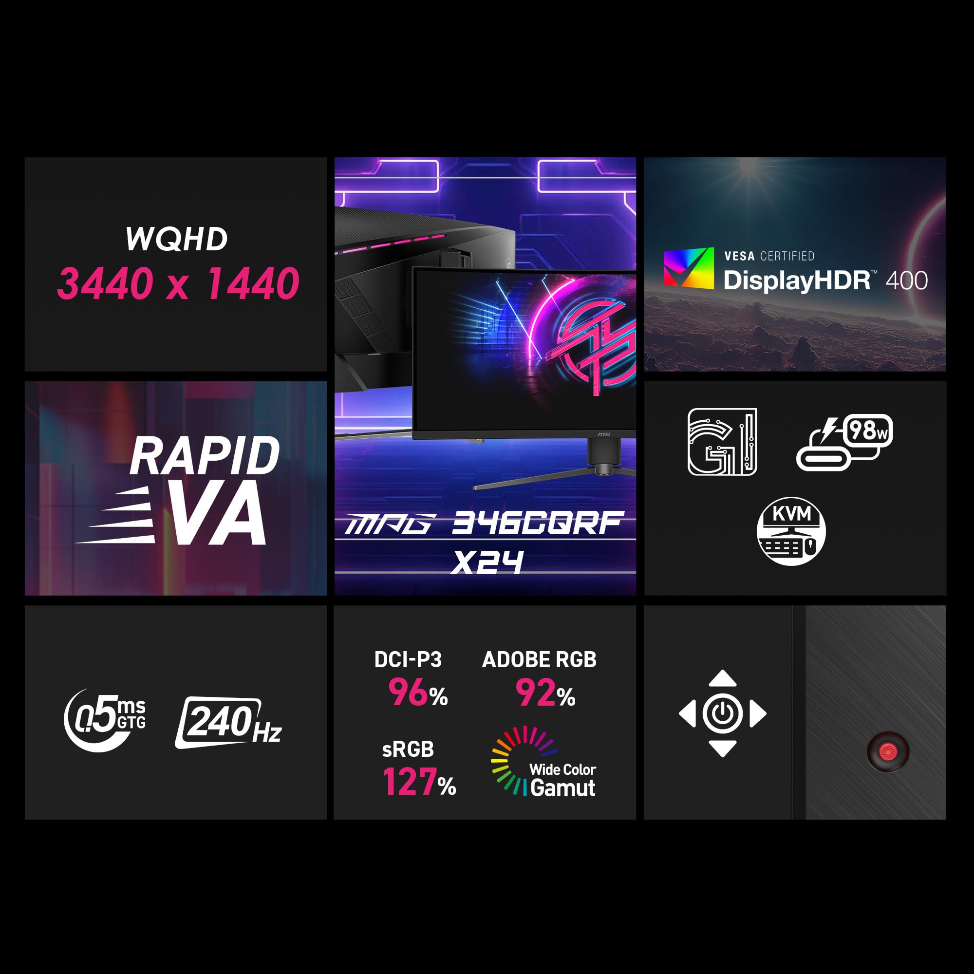 MSI MPG 346CQRF X24 34 Pulgadas 3440 x 1440 (UWQHD) Monitor de Juegos, 240 Hz, sincronización adaptativa, Listo para HDR, HDMI, Puerto VGA, Montaje VESA, inclinación, Bisel Delgado de 4 Lados, 0.5 ms