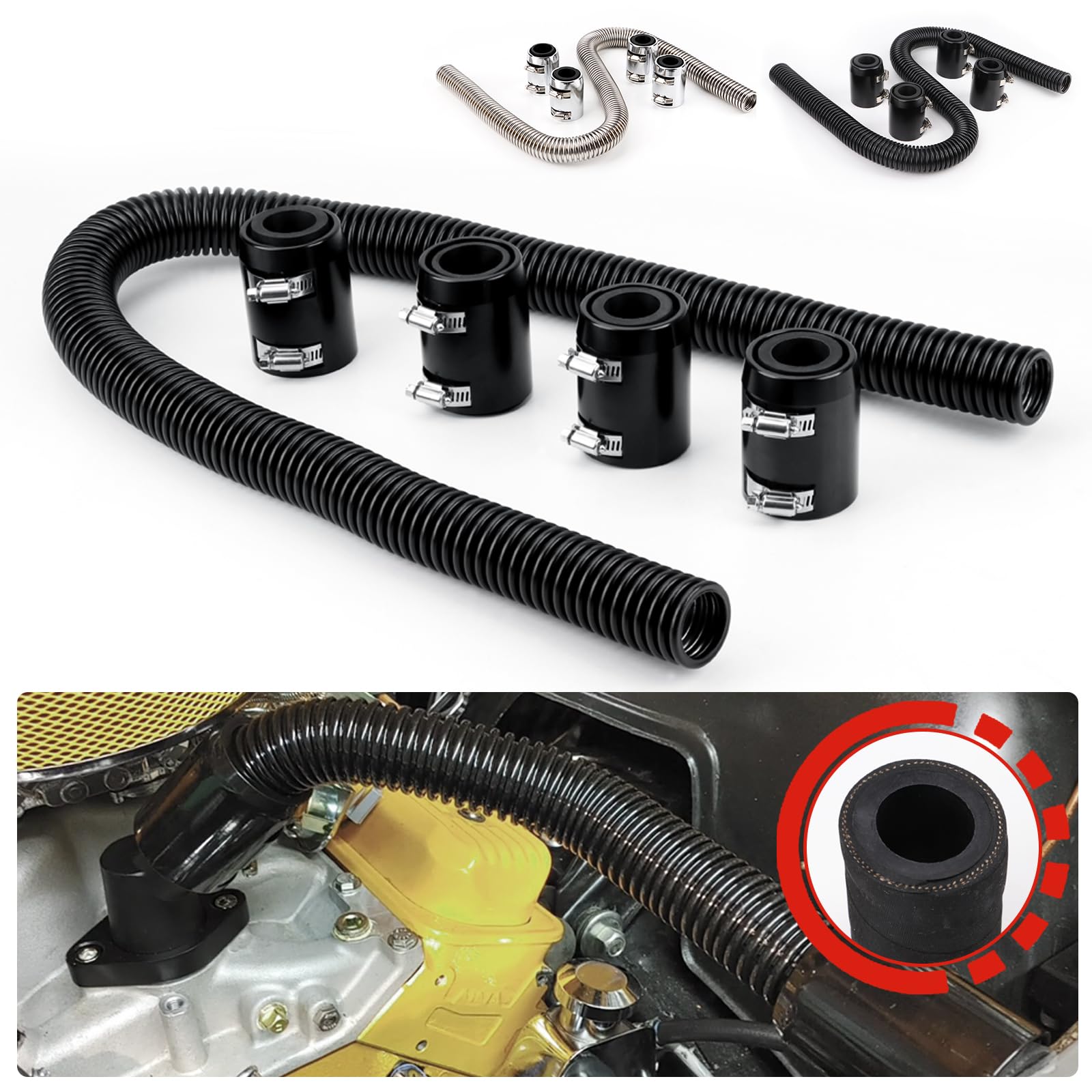 48 Inch Stainless Steel Flexible Coolant Hose Kit - Black, Universal Fit