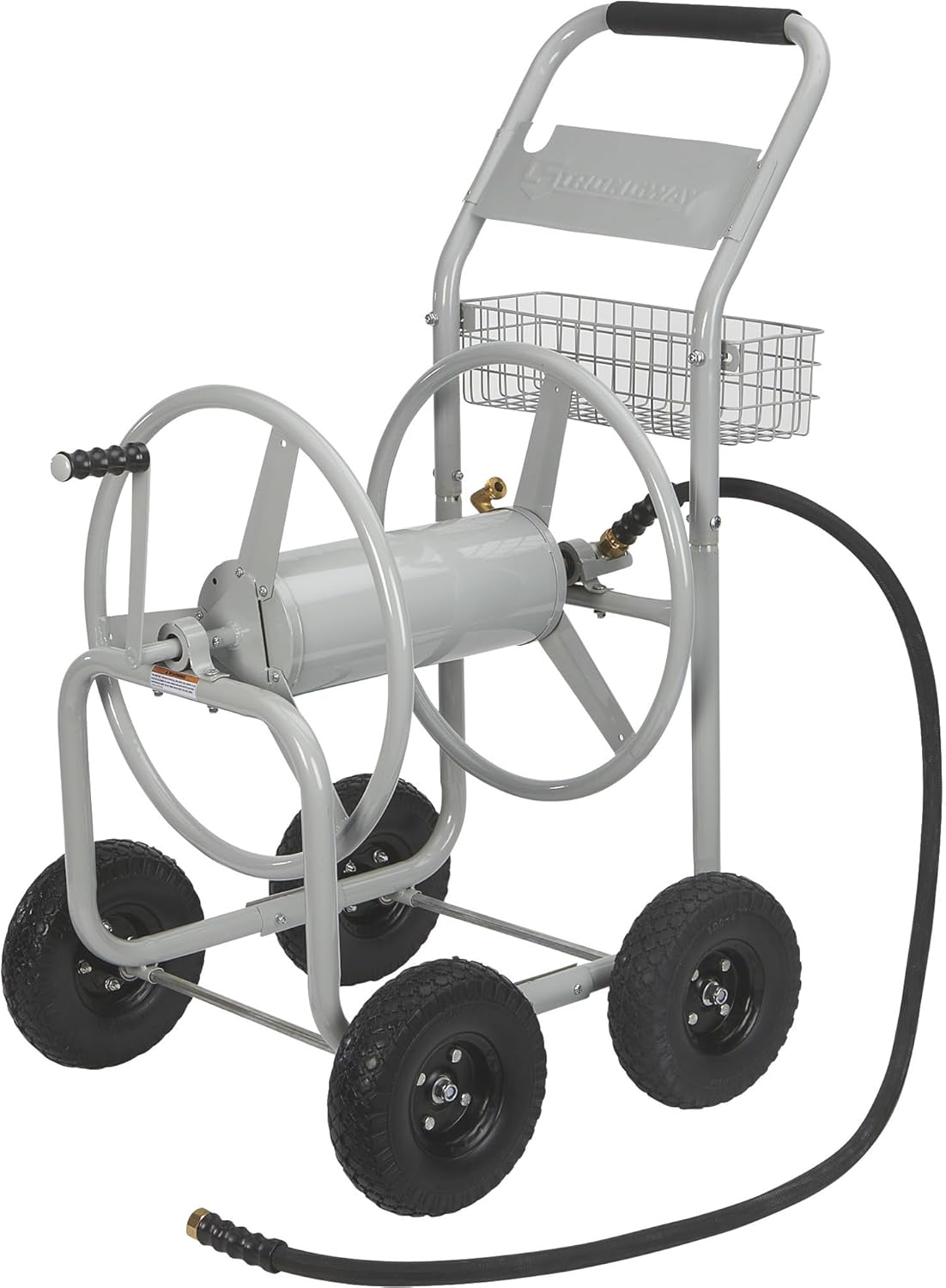 Strongway Garden Hose Reel Cart, Holds 5/8 in. x 400 ft. Hose, Tubular Steel Frame, 10 in. Flat-Free Tires, Brass Fittings, 6 ft. Leader Hose, Integrated Basket, for Garden, Yard and Farm