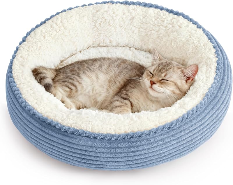 Cama redonda con cojín para gatos y perros, cama para mascotas de 20.0 in para gatos o perros pequeños, parte inferior antideslizante y resistente al agua, camas para mascotas de tela súper suave y duradera, cama de lujo lavable a rayas azul cielo