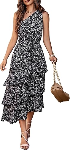 PRETTYGARDEN Vestido de verano floral para mujer, casual, de un hombro, escalonado, con volantes, a media pierna, vestido bohemio para la playa