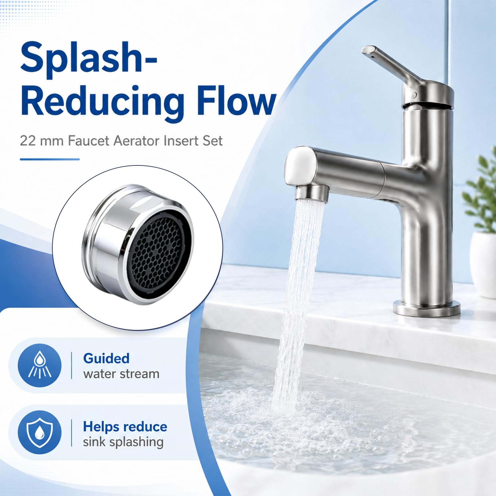 Set mit 4 Strahlregler M22, Wasserhahn, Küche, Strahlregler mit Unterlegscheiben, spritzwassersparend, langlebig und einfach zu installieren, für alle Standard-Wasserhähne