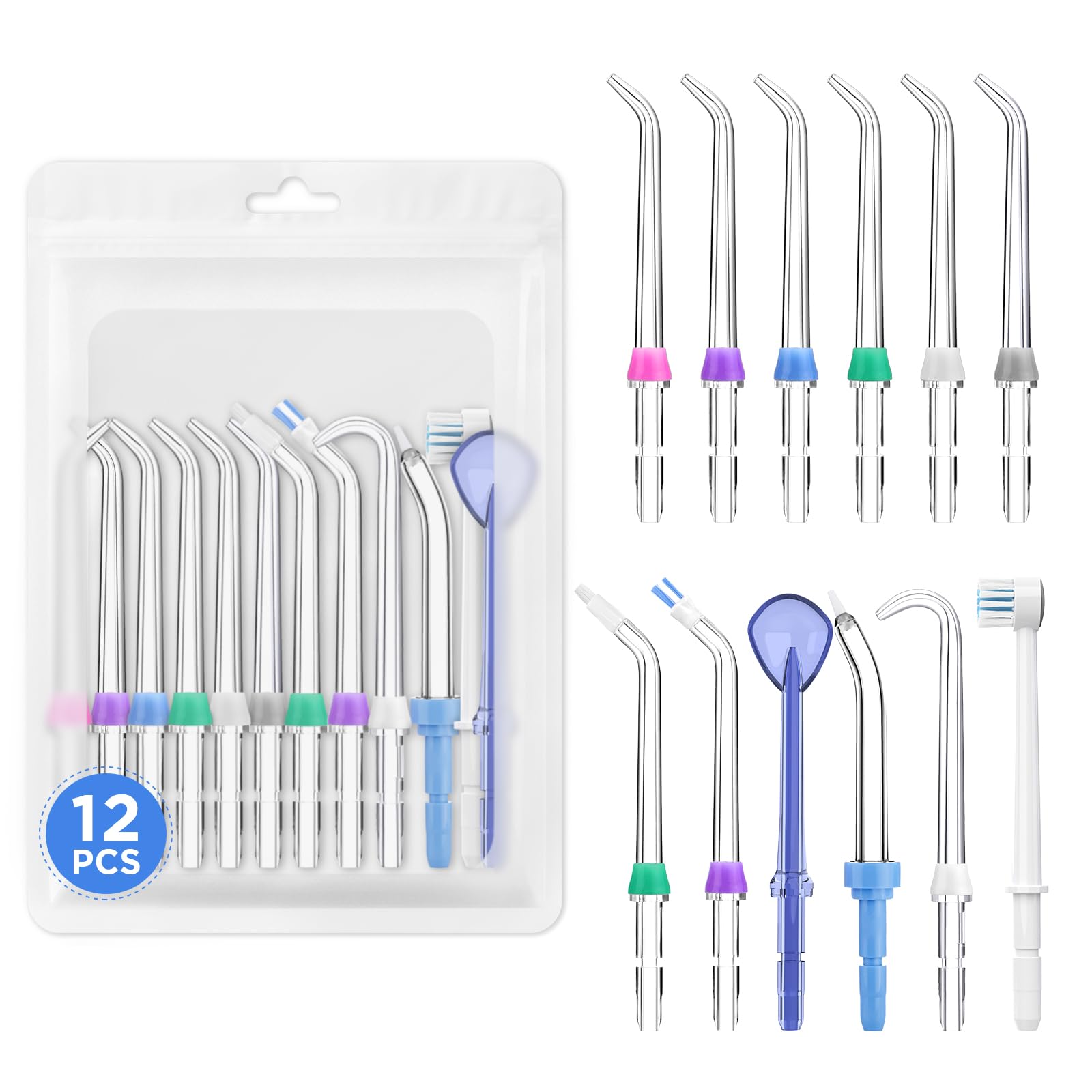 Para cabezales de repuesto Waterpik, 12 púas de repuesto para hilo dental de agua (6 puntas clásicas de chorro + otras 6 puntas diferentes)