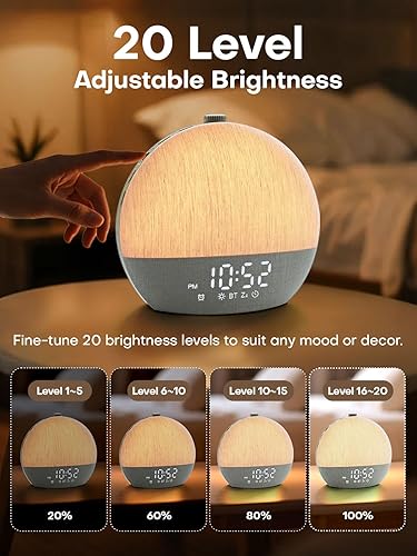 Miniatura 8 de Reloj despertador de amanecer, máquina de sonido de ruido blanco, despertador de luz solar para dormitorios, 9 luces nocturnas RGB naturales, 30