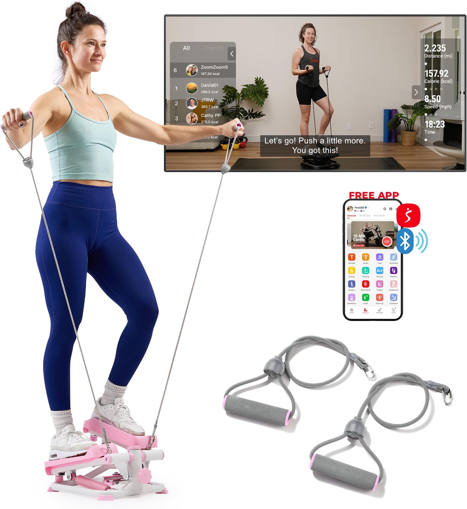 Sunny Health & Fitness Smart Mini Steppers for Exercise at Home, Stair Step Stepper Full-Body Workout, Gym Equipment Machine, Free SunnyFit App Connection Pink - P2000SMART