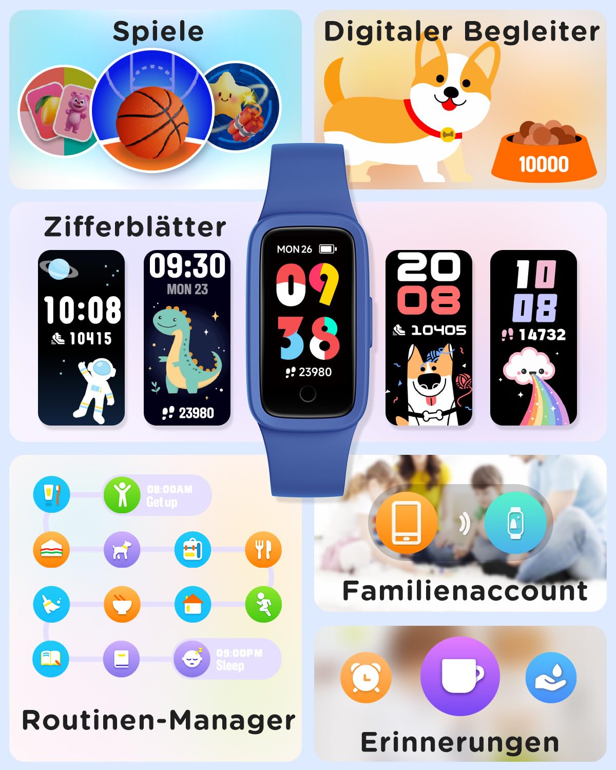 BIGGERFIVE Vigor 3 Kinder Fitness Armband Uhr mit AMOLED Display ohne App & ohne Smartphone, 3ATM wasserdicht, Pulsuhr, Schlaftracker Fitnessuhr, Sportuhr Schrittzähler für Kinder 5-12 Jahre, Blau