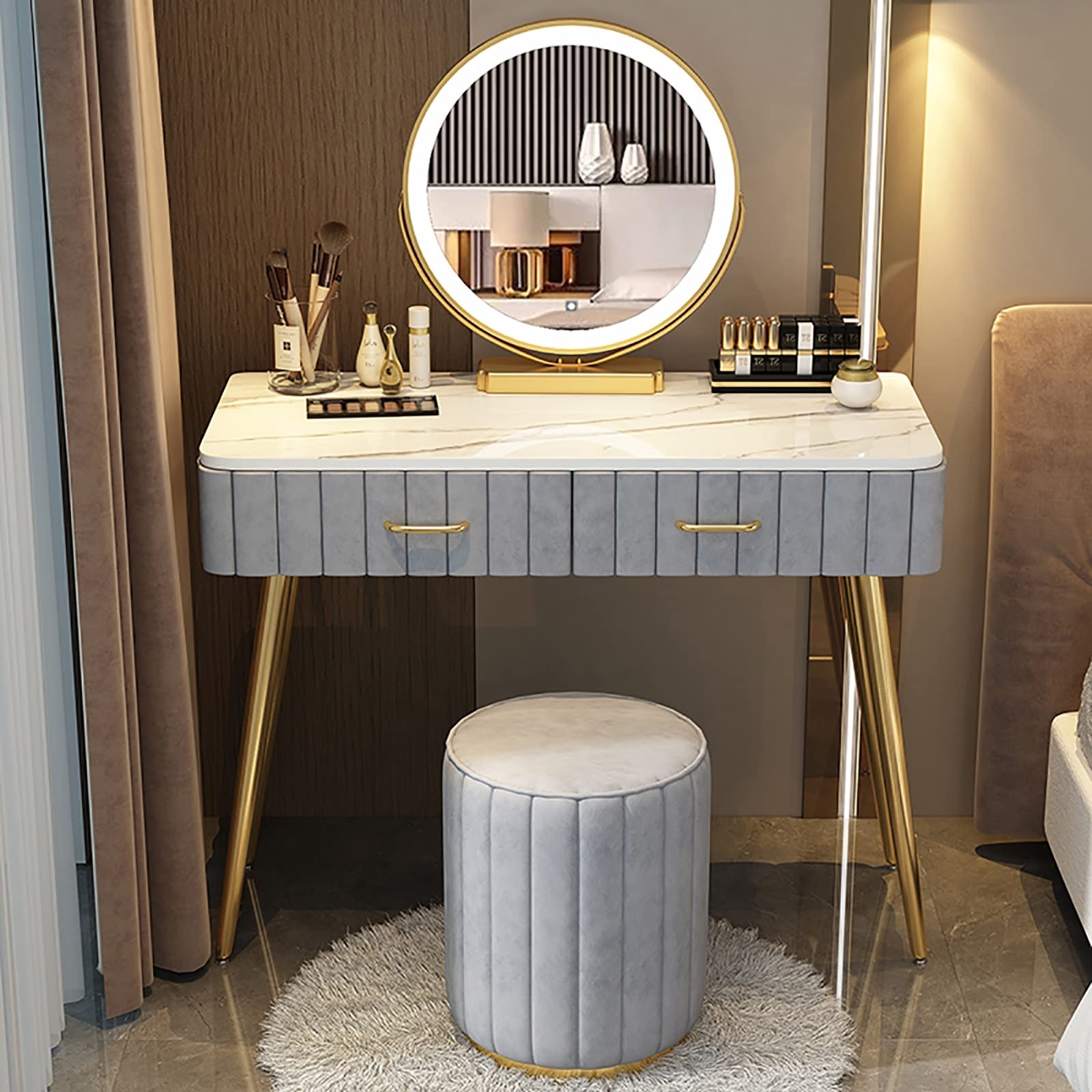 CGCSYZ Vanity Set with Lighted Mirror, Padded Stool, Divider, Grey Chair, Perfect for Women's Room, 100 cm Makeup Table, Elegant Dressing Table Furniture (Grey: Chair a 100cm/39.4in)