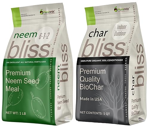 Neem Bliss (1 libra) + Char Bliss (1 cuarto de galón) - Pastel de neem para plantas y biochar orgánico para plantas - Carbón de enmienda de suelo de