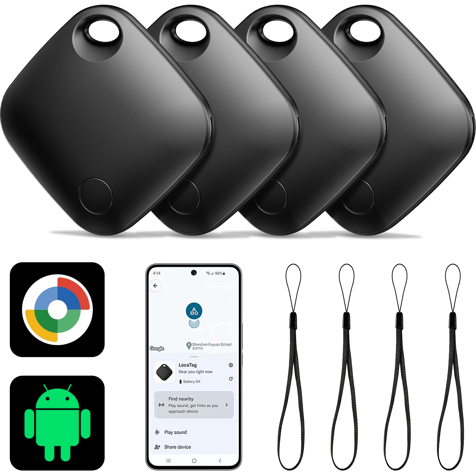 Air Tracker Tag Android Smart Tag, 4er Pack Schlüsselfinder Koffer Tracker kompatibel mit Google Mein Gerät Finden APP (Android NUR), Bluetooth Key Finder für Gepäck/Taschen (Schwarz)