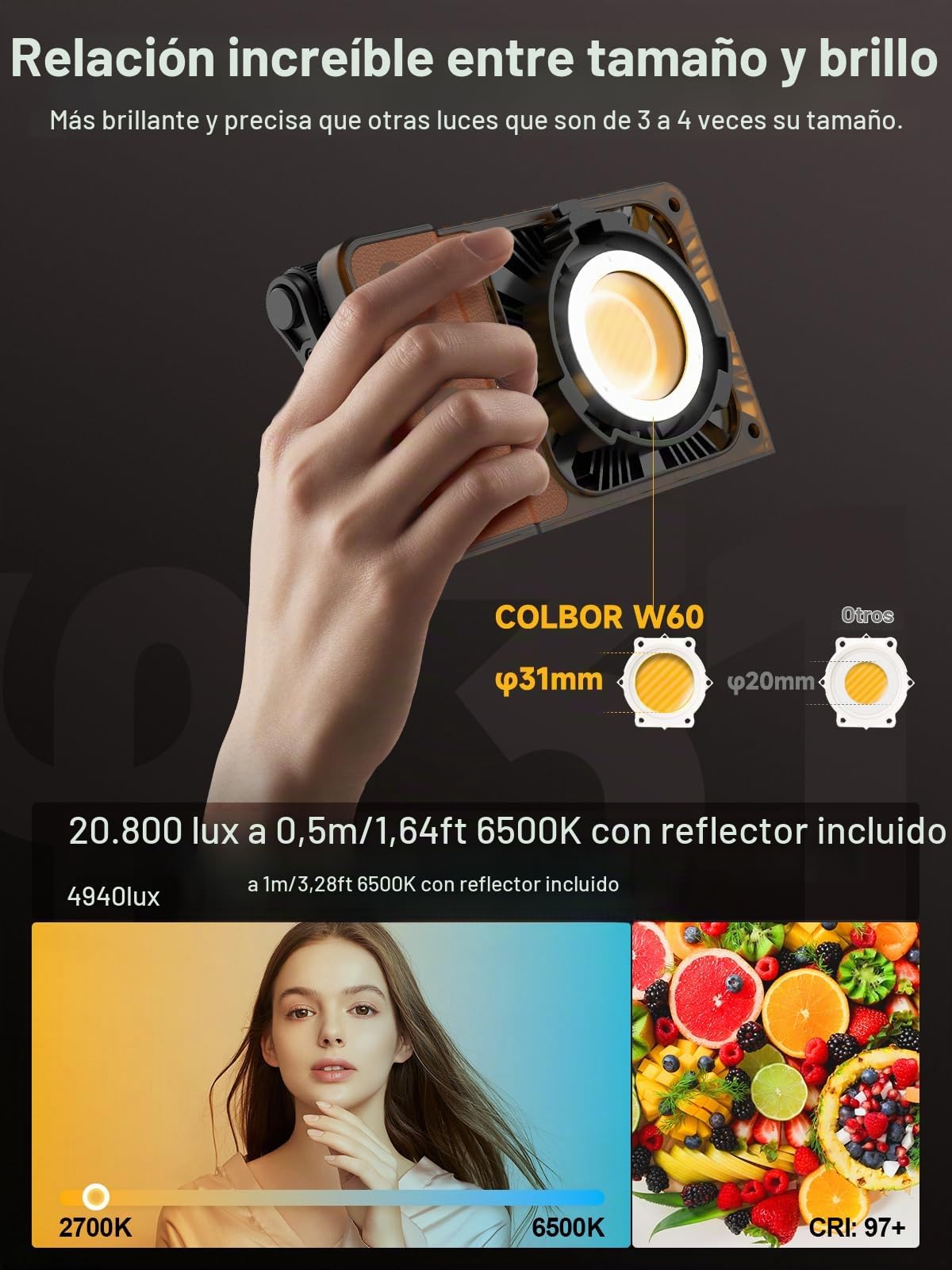 Luz Video, COLBOR Wonder W60 60W Foco Video Portátil 345g Iluminación Continua DC/Tipo C con App para Filmación Entrevistas Transmisión Compatible con Zhiyun, Luz-Video-Foco-LED-Fotografia