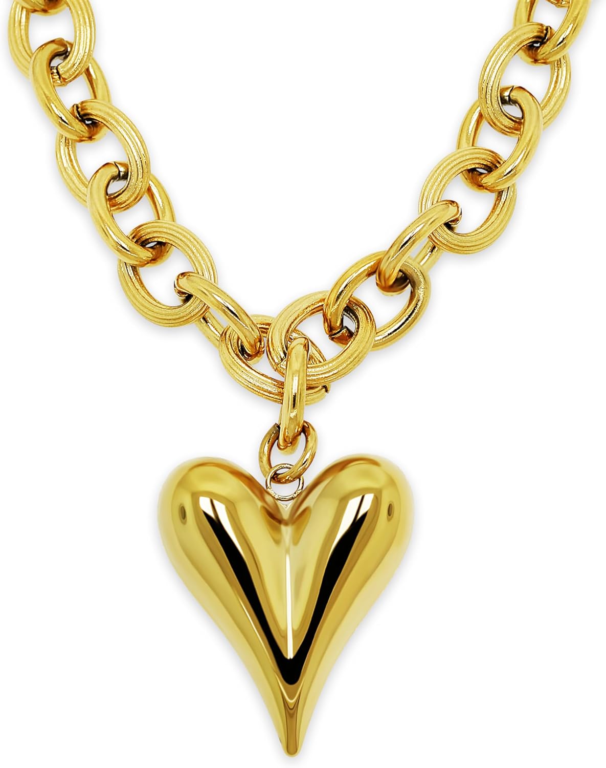 Charm America Gold Puffed Heart Necklace Pendant - Gold Plated on 925 Sterling Silver - Heart Jewelry - Gold Chain with Heart