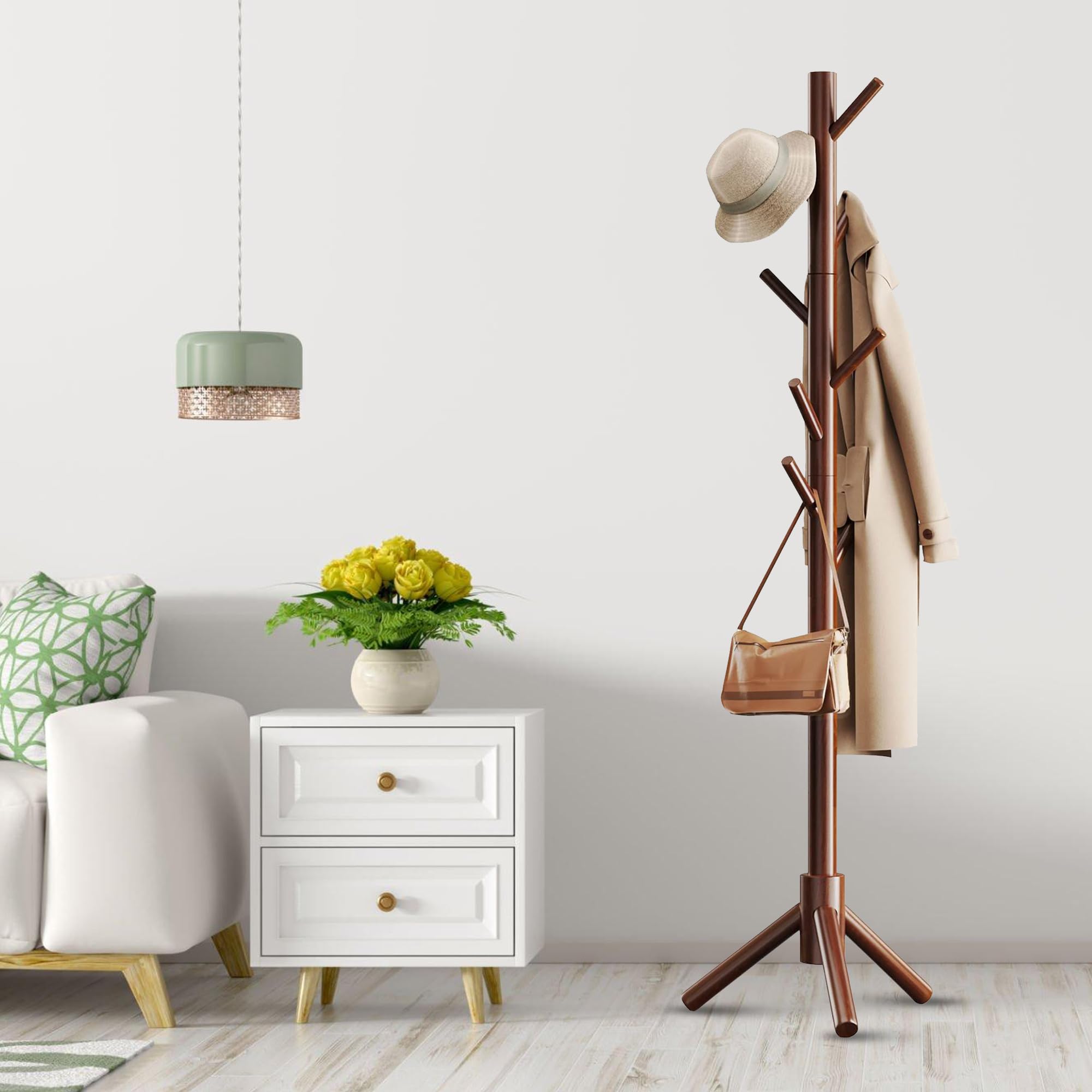 Bayt Attaccapanni da Terra Regolabile 175 cm – Appendiabiti Verticale in Legno Marrone con 8 Ganci, Design Salvaspazio e Moderno per Ingresso, Camera o Ufficio