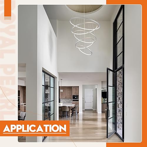 Miniatura 9 de Candelabro LED moderno de 5 anillos para techo alto, gran lámpara de araña plateada regulable para sala de estar, comedor, escalera, 3000 K, blanco