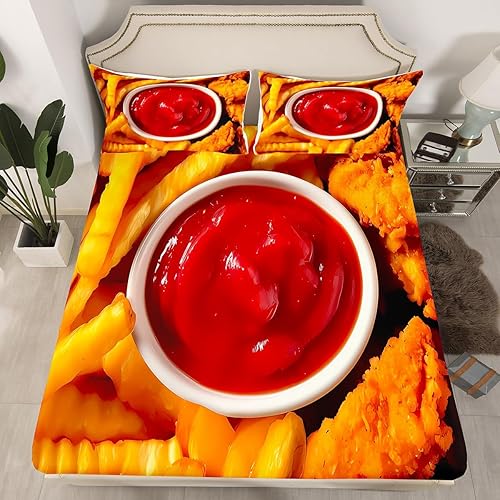 Miniatura 4 de Feelyou Juego de sábanas de pollo y comida tamaño individual, sábanas de papas fritas con bolsillo profundo, juego de sábanas ajustables para niños