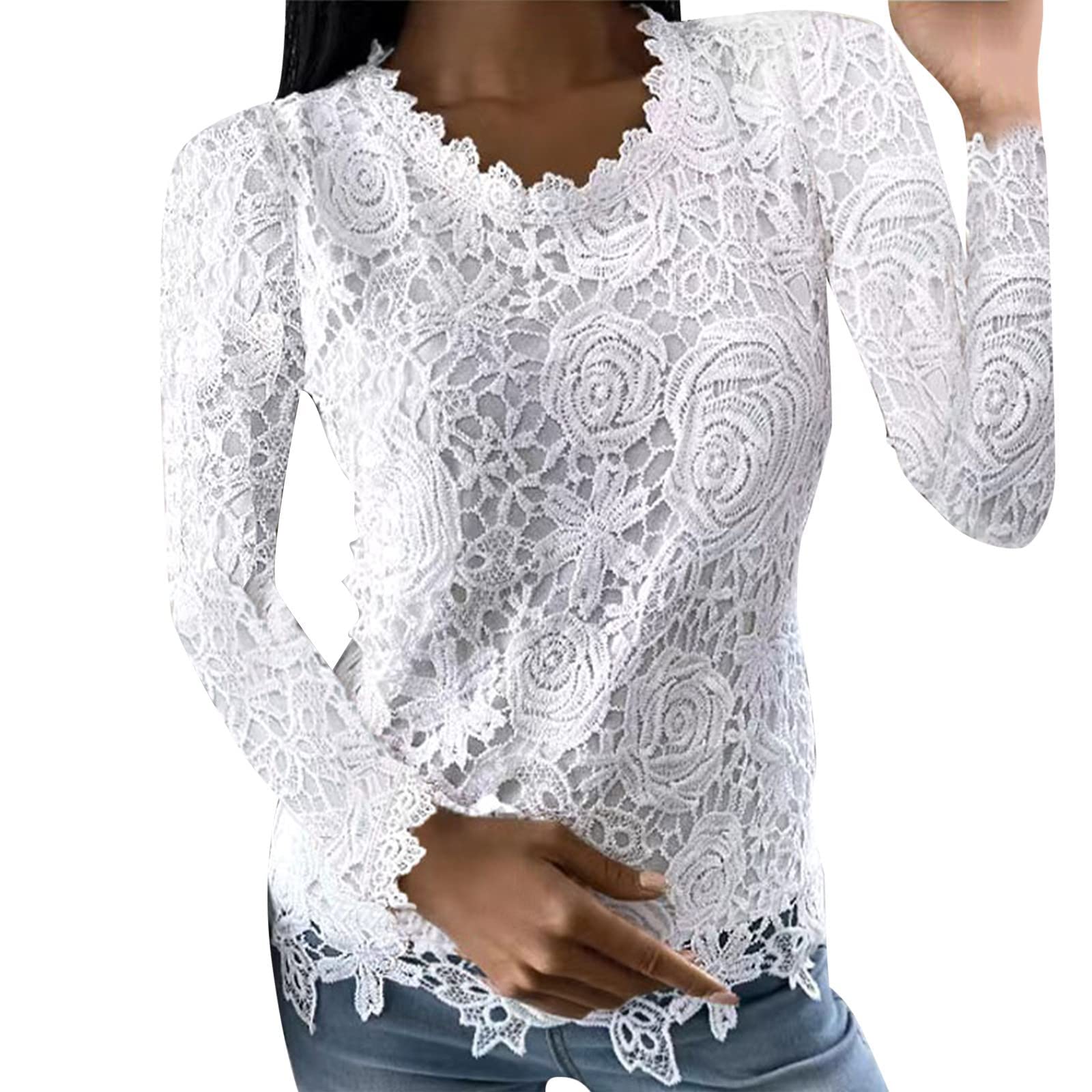 NUSGEAR 2022 Camiseta de Manga Larga Mujer Encaje Color sólido Blusa Camisa Cuello Redondo Camiseta Slim Fit Elegante Basic otoño Tops Moda Casual Fiesta T-Shirt Original tee Sudadera Jersey