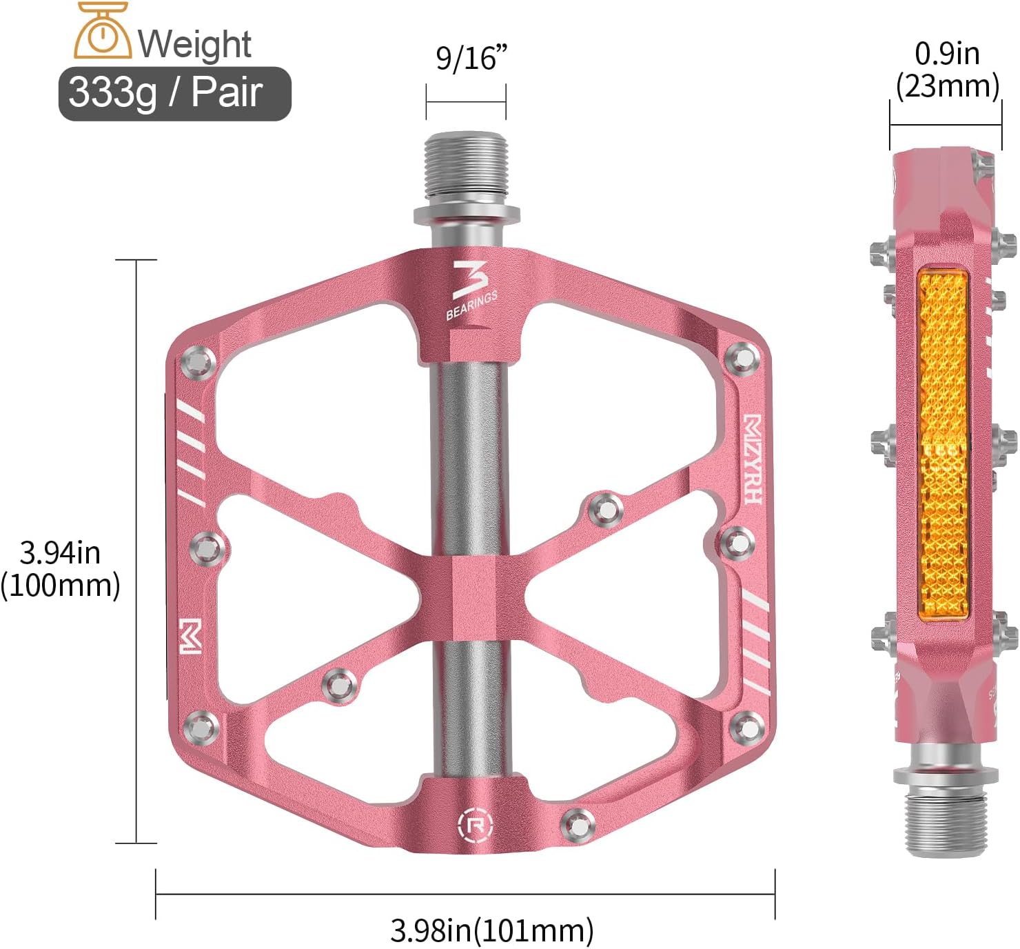 MZYRH 3 Bearings Mountain Bike Platform Pedals - Flat Alloy 9/16" Non-Slip Bicycle Pedals