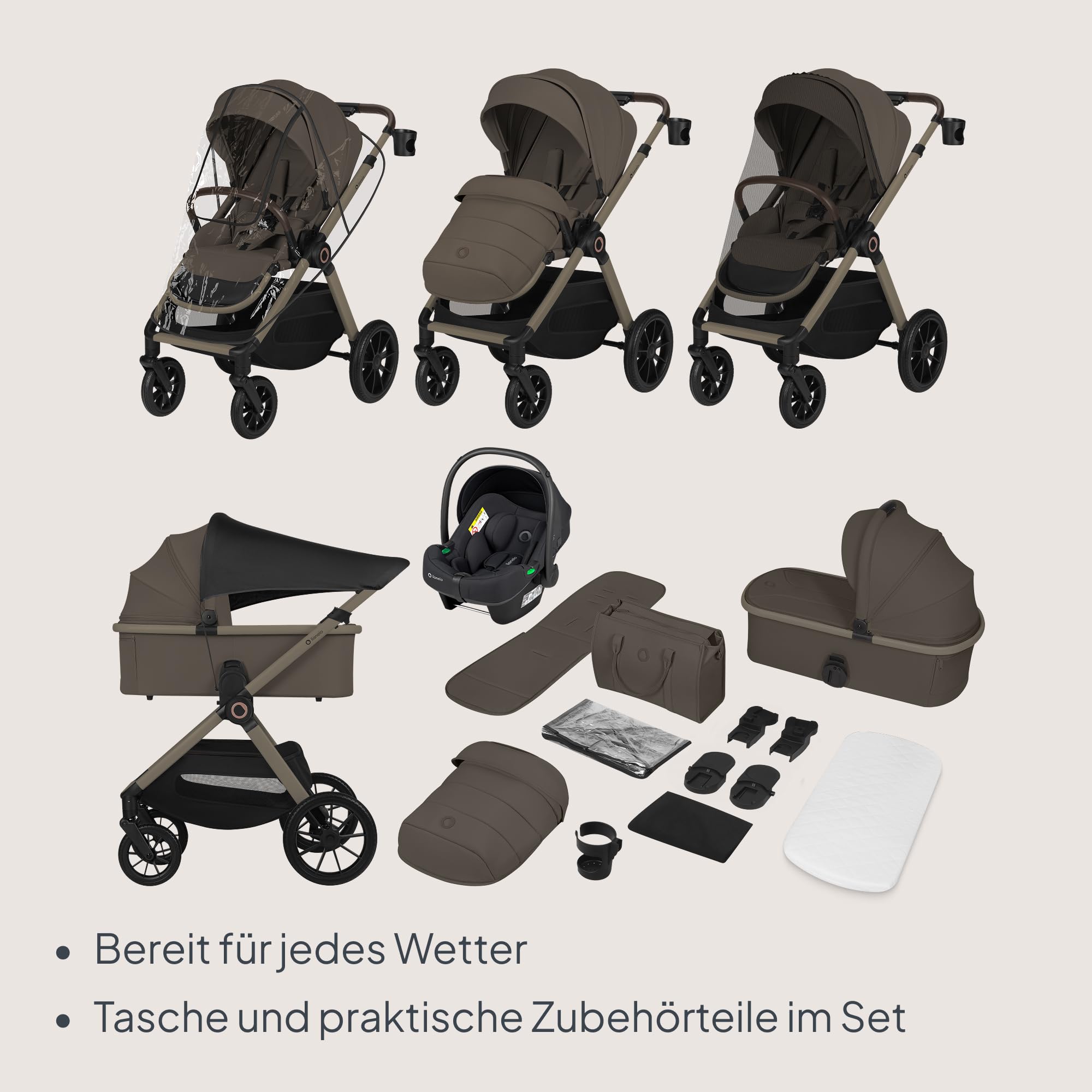 Lionelo Layla Kinderwagen 3 in 1 (0-4 Jahre, 0-22 Kg) Reisesysteme Set mit Babyschale I-Size 40-87 Cm, Babywanne und Sportsitz, Liegeposition, Federung, PU-Räder, UPF50+ Verdeck