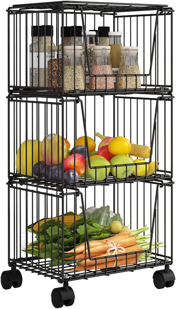 Apsan 3 Tier Vegetable Basket for Kitchen, Fruit Storage Basket, Utility Cart Wire Storage Basket with Wheels, Black