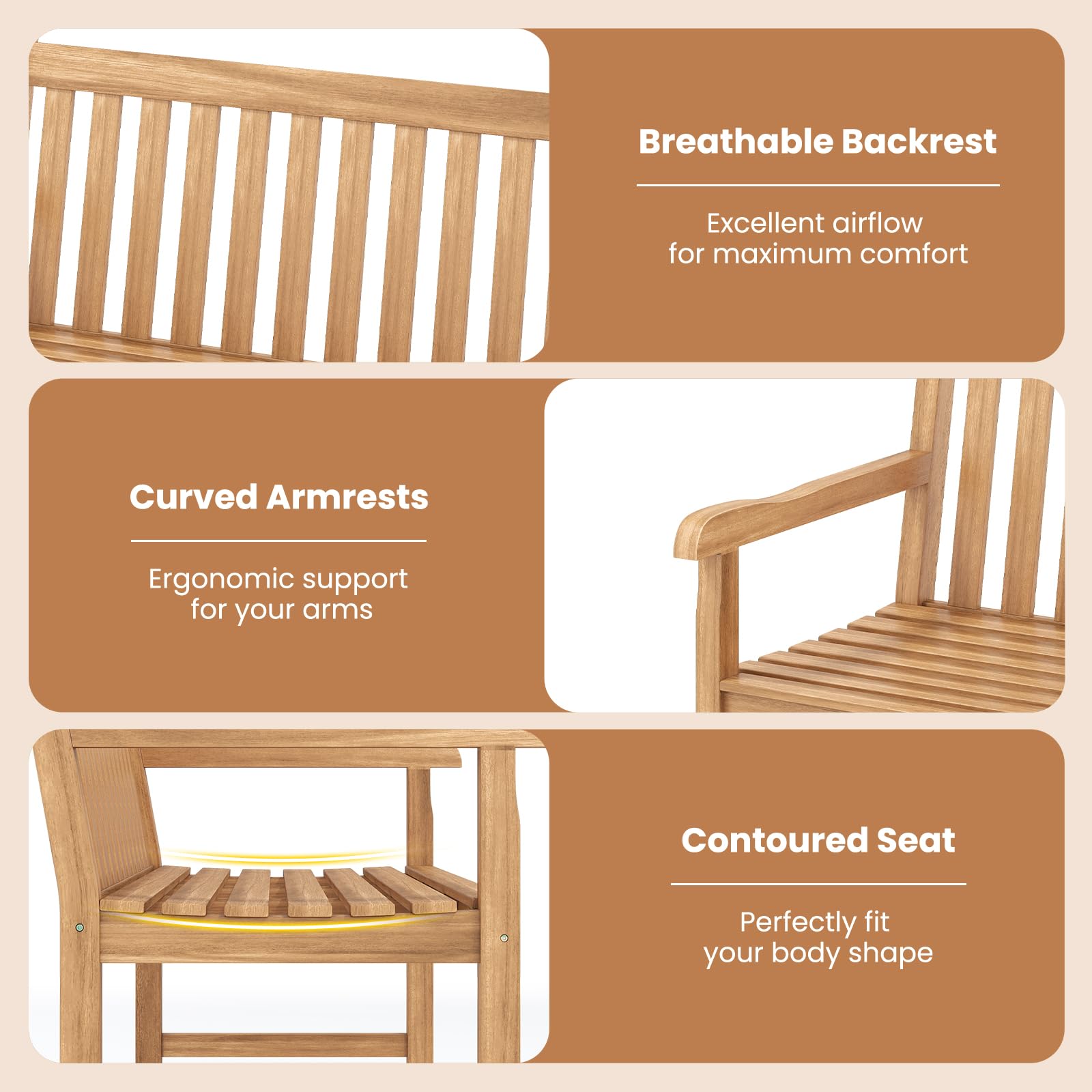 Tangkula 51" Teak Wood Outdoor Bench, 2-Person Solid Wood Garden Patio Bench with Backrest and Armrests, Wooden Loveseat Seating Furniture for Porch, Balcony, Backyard and Deck