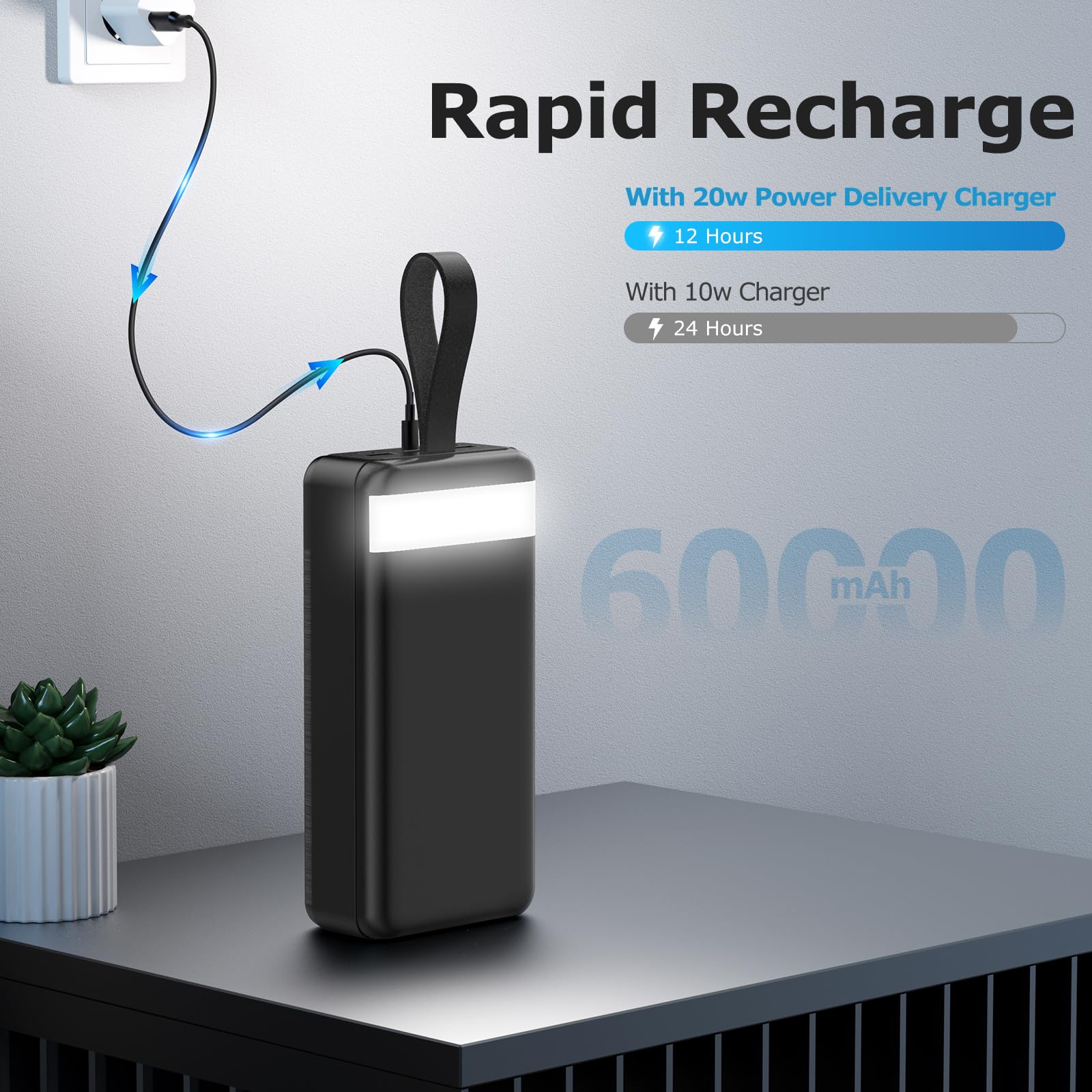 Power Bank 60000mAh 22,5W Schnellladung Tragbares Ladegerät USB-C Schnellladung mit 4 Ausgängen & 3 Eingängen LED-Display Riesige Kapazität Externe Akku für die meisten Elektronikgeräte auf dem Markt.