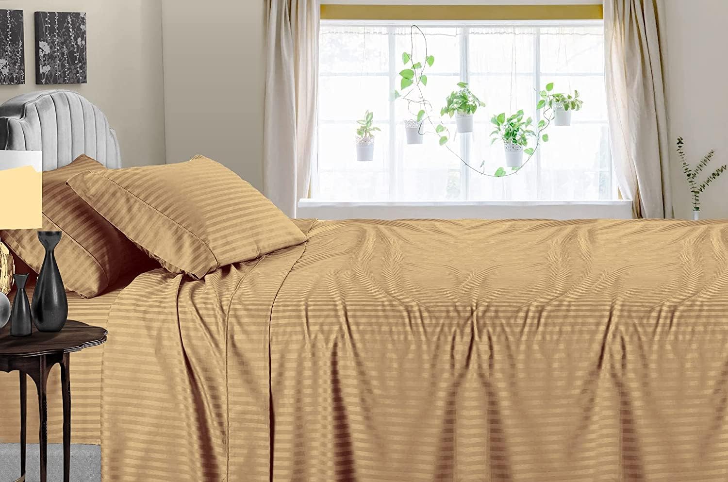 4 Piece Sheet Set - Hotel Luxury 600 Thread Count Sheets & Pillowcases Bedding Fits Upto 18" Mattress -100% Egyptian Cotton 4 Piece Set - Taupe Stripe, Twin-XXL Size.