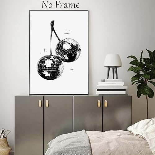 Miniatura 7 de Arte de pared de disco cereza, impresiones vintage en blanco y negro, póster de bola de discoteca retro a la moda, pósteres estéticos de discoteca,