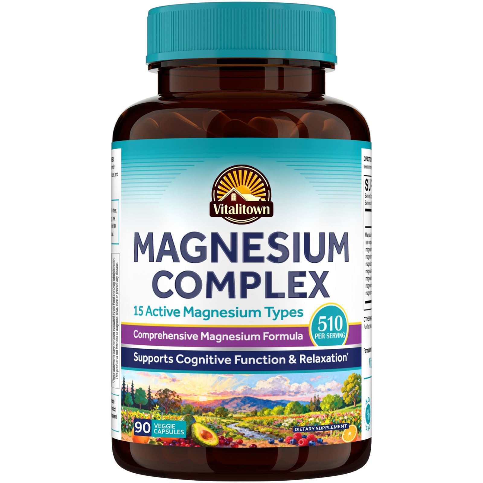 Vitalitown Magnesium Complex 510mg, 15-in-1 Glycinate, Citrate, Malate, Taurate & More, Natural Support for Bone, Heart and Cognitive Function, 90 Vegan Capsules 90 Count (Pack of 1)