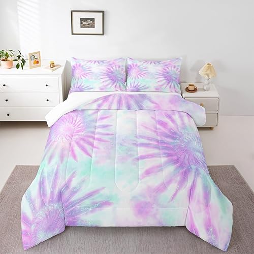 Miniatura 4 de Erosebridal Juego de edredón de teñido anudado, tamaño individual, color morado, teñido anudado, espiral, remolino, vórtice, juegos de edredón de