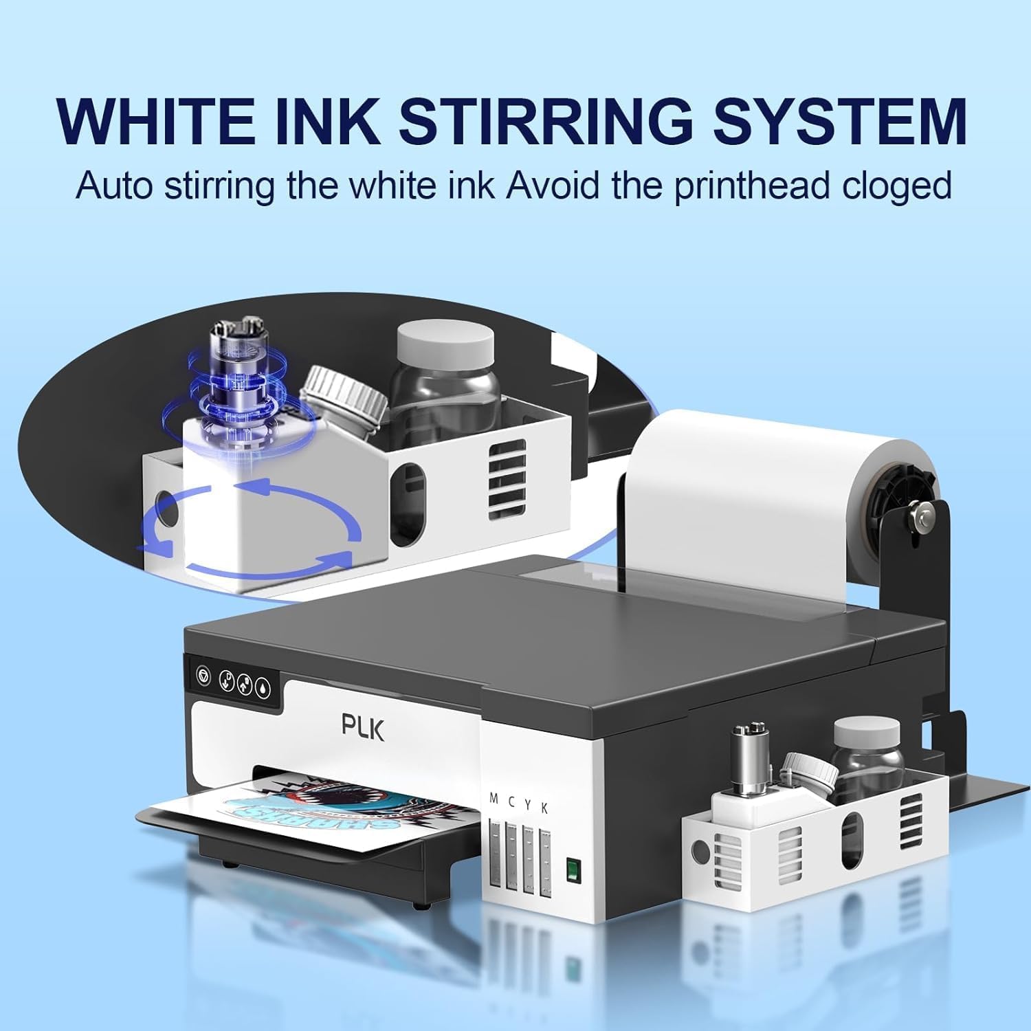 PLK Impresora DTF A4 con cabezal de impresión XP600 y alimentador de rollo, máquina de impresión de transferencia DTF L8058 con sistema de agitación blanco